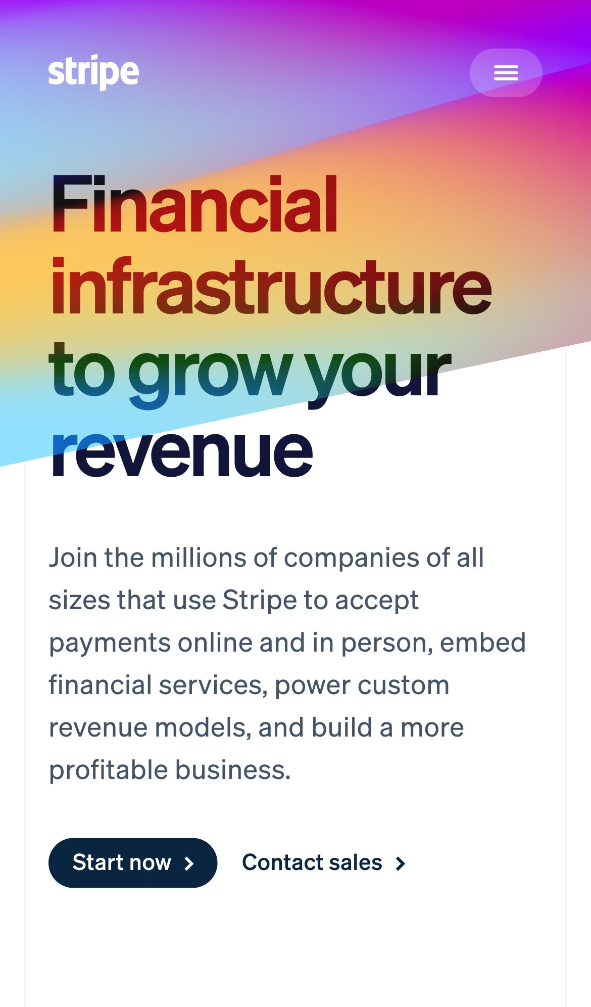 stripe landing interface, mobile light full screenshot