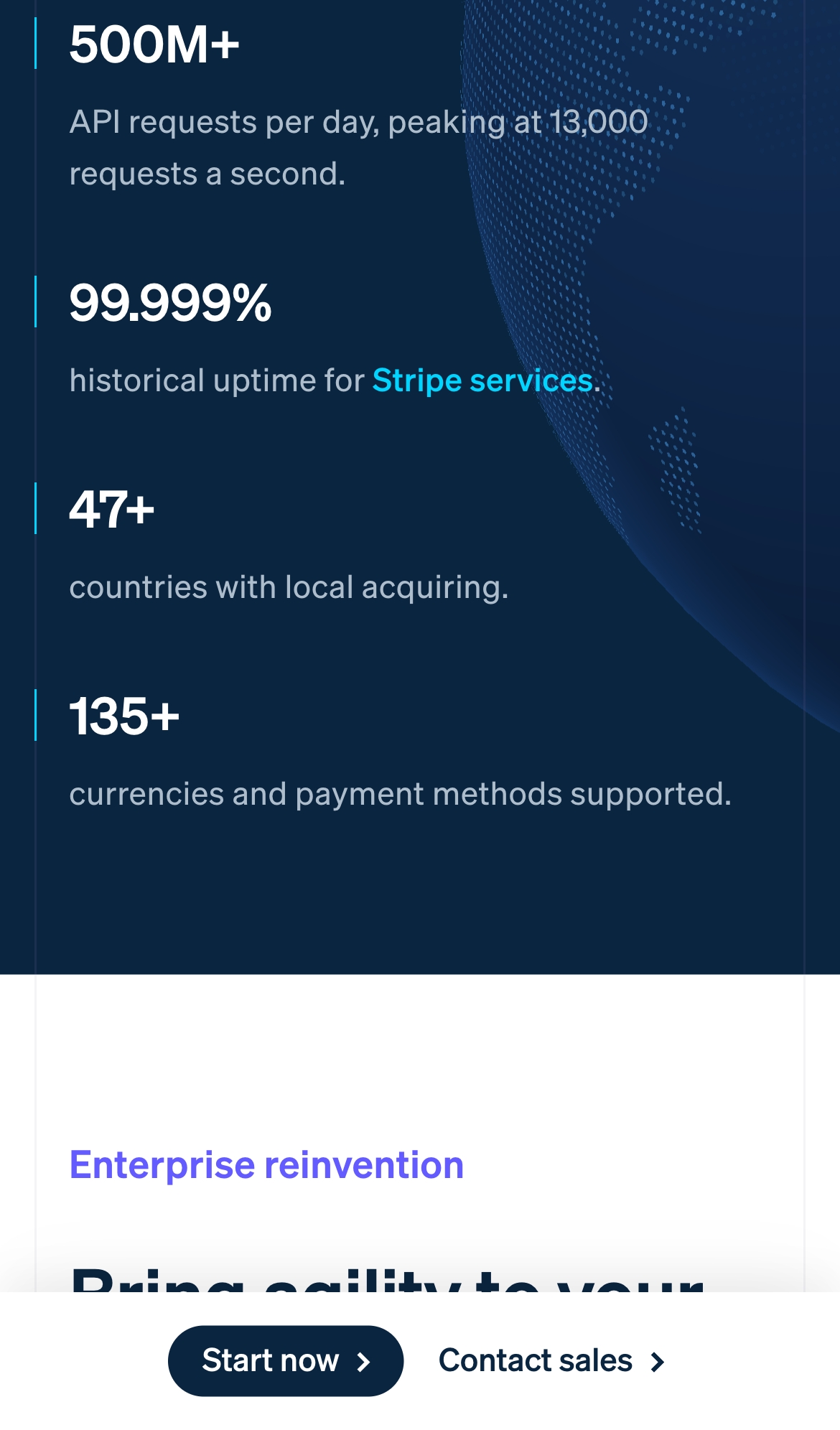stripe landing interface, mobile light full screenshot