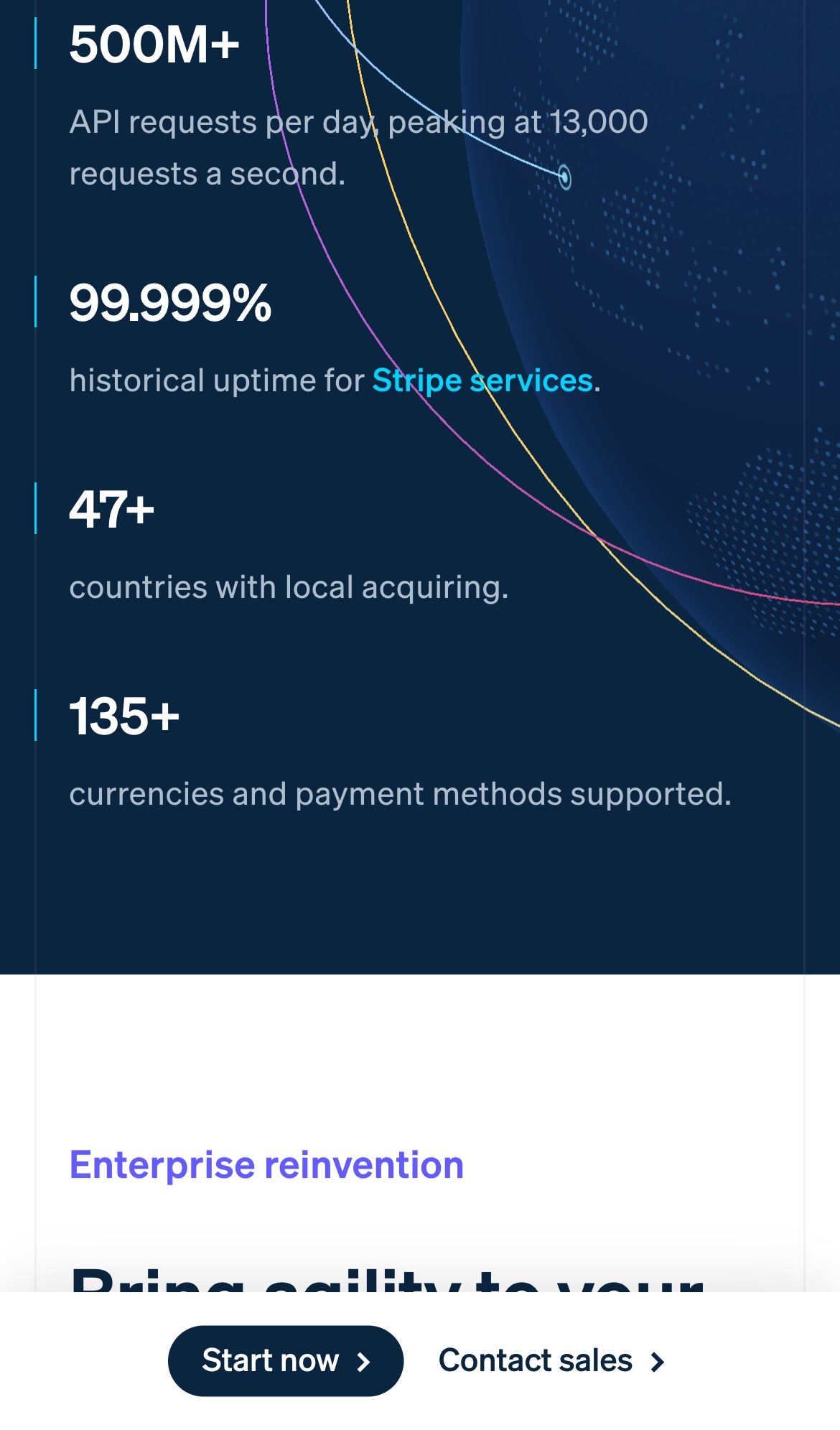 stripe landing interface, mobile light full screenshot