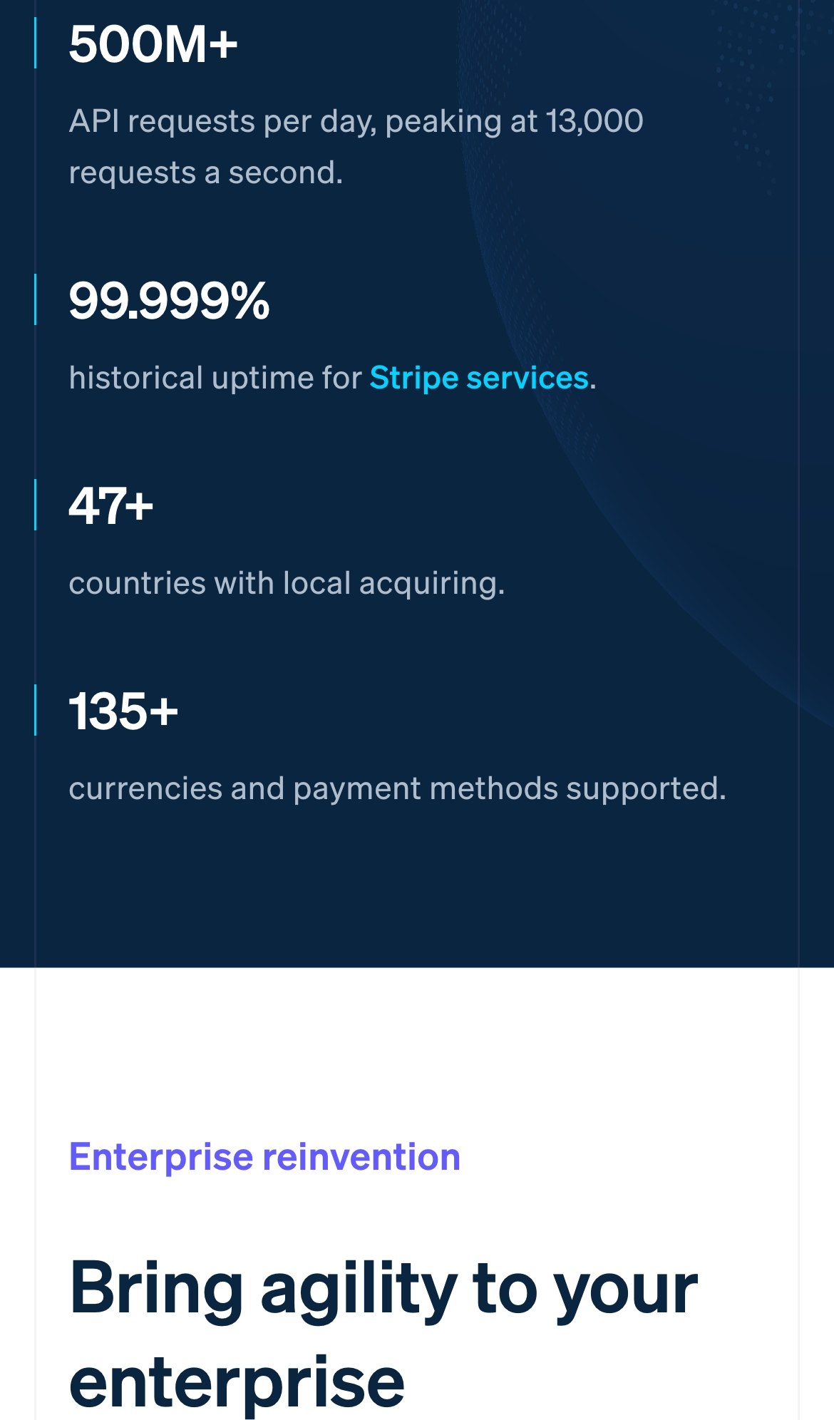 stripe landing interface, mobile light full screenshot