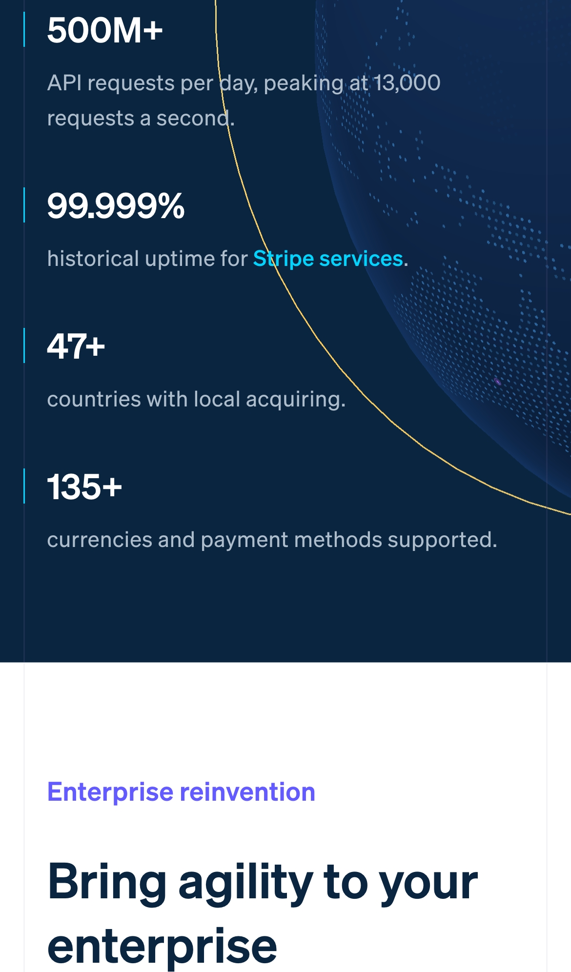 stripe landing interface, mobile light full screenshot