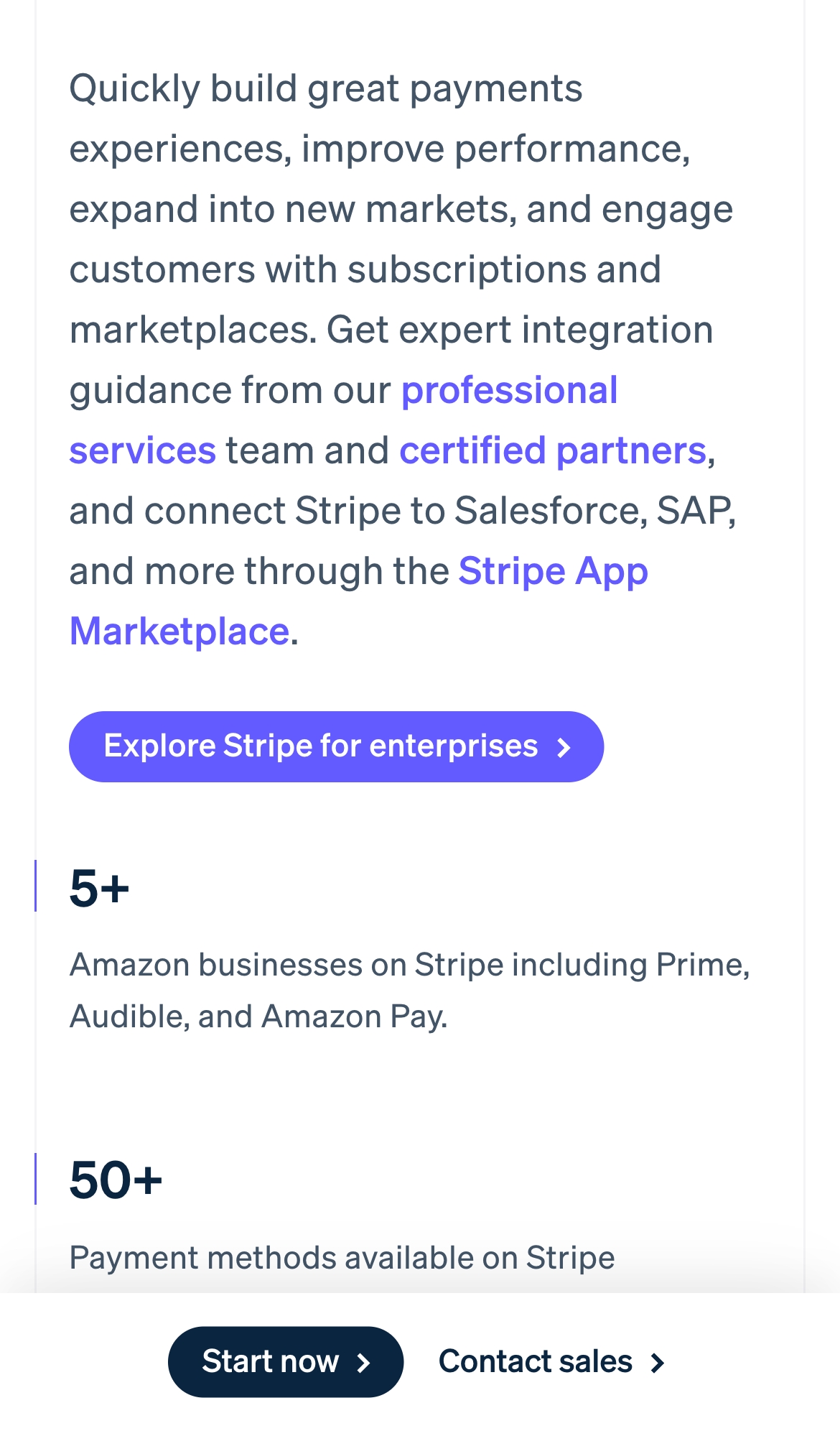 stripe landing interface, mobile light full screenshot