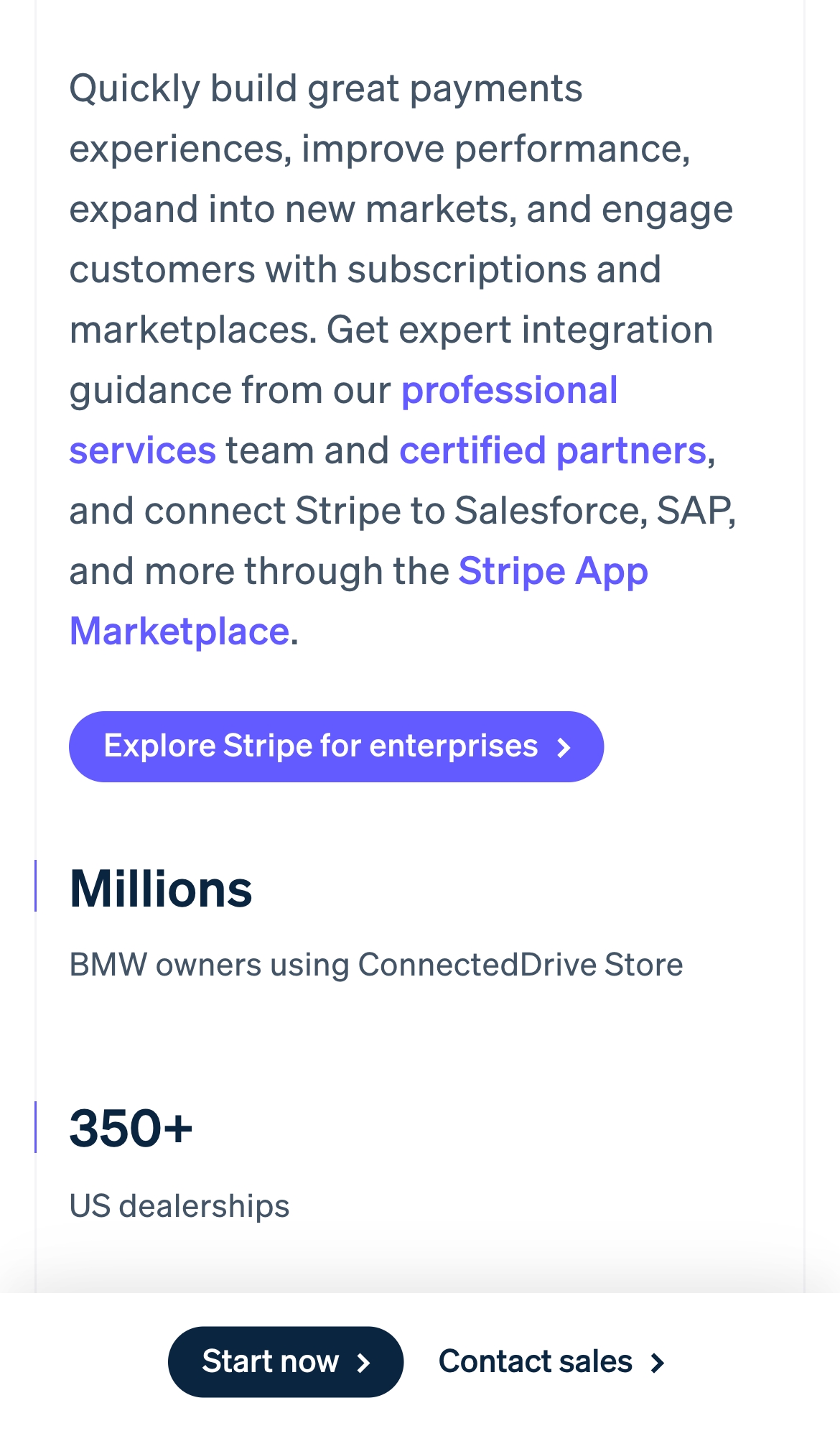 stripe landing interface, mobile light full screenshot