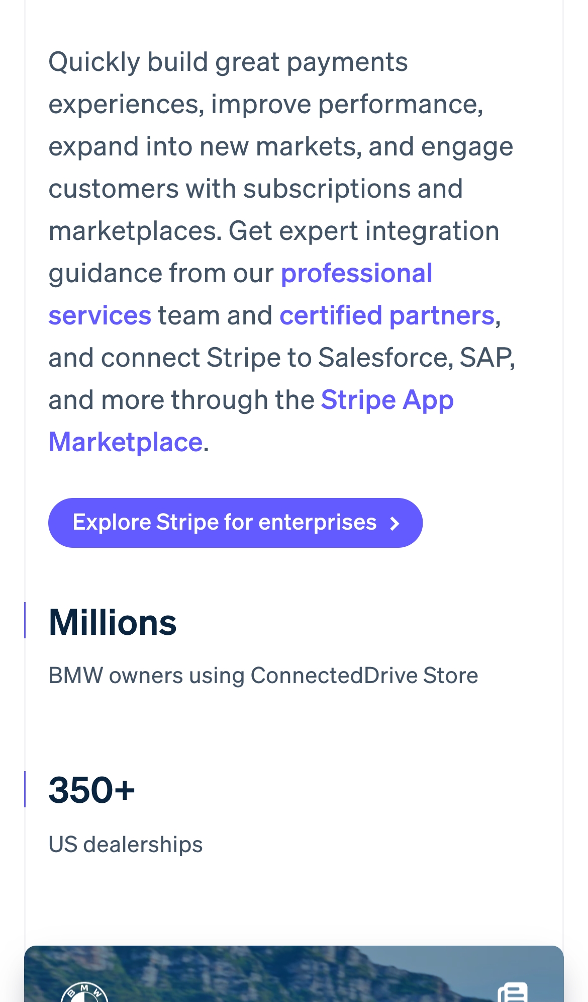 stripe landing interface, mobile light full screenshot
