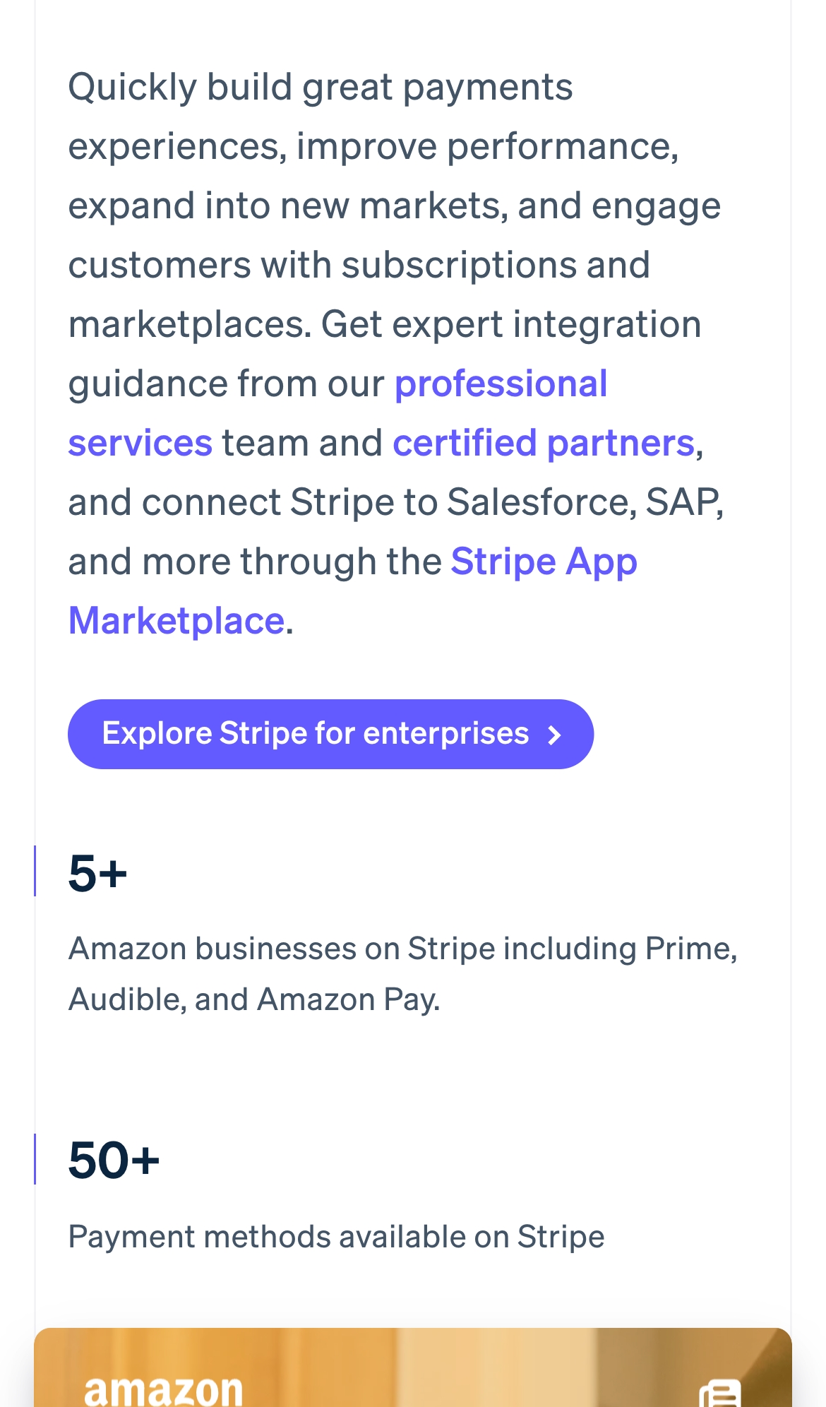 stripe landing interface, mobile light full screenshot