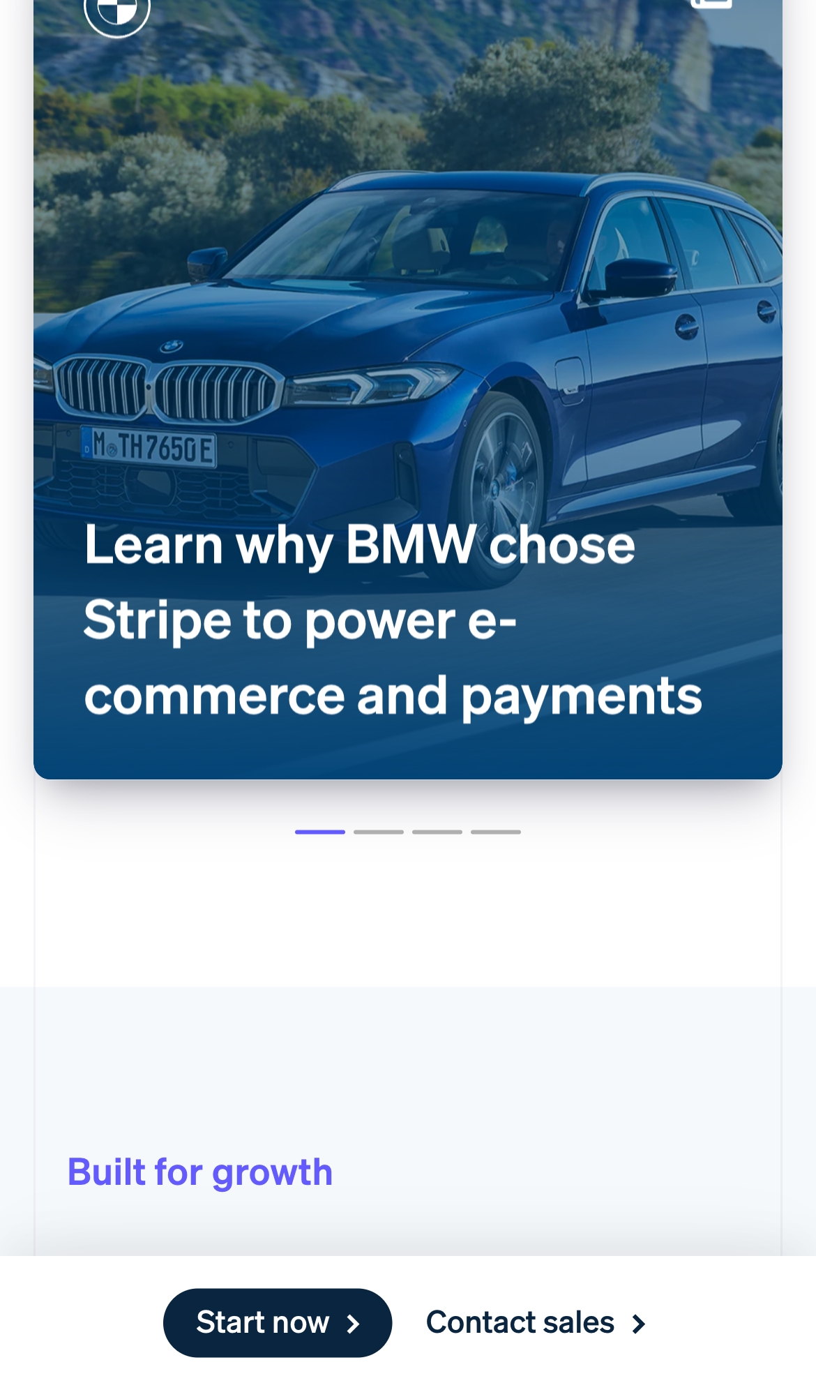 stripe landing interface, mobile light full screenshot