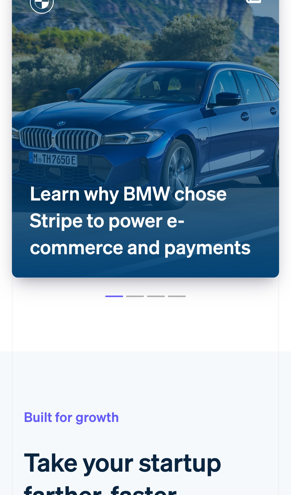 stripe landing interface, mobile light full screenshot