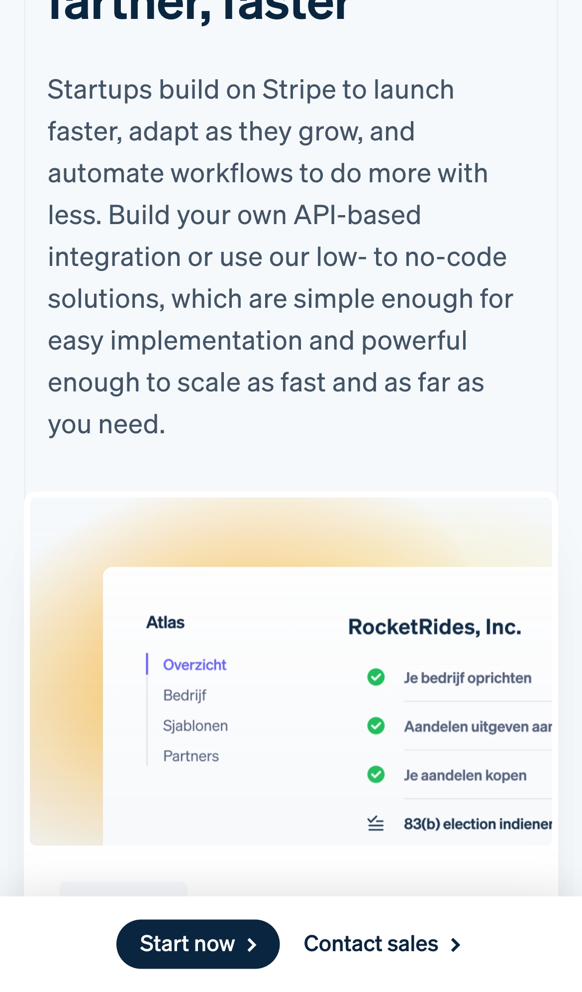 stripe landing interface, mobile light full screenshot