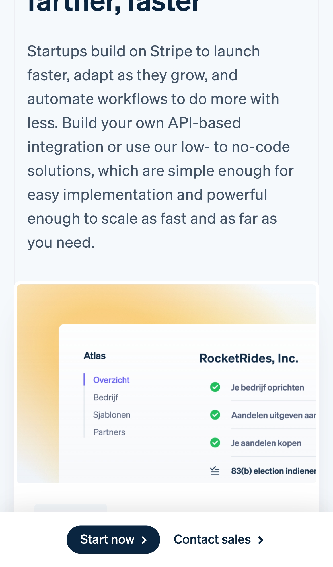 stripe landing interface, mobile light full screenshot
