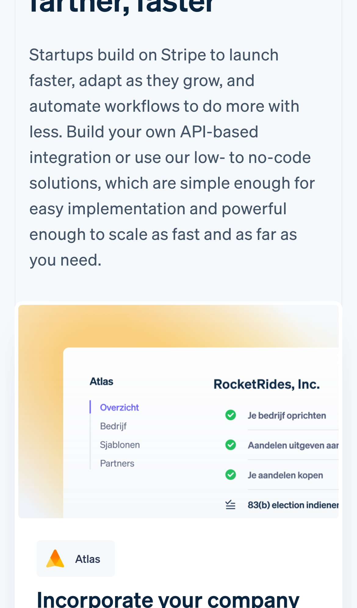 stripe landing interface, mobile light full screenshot