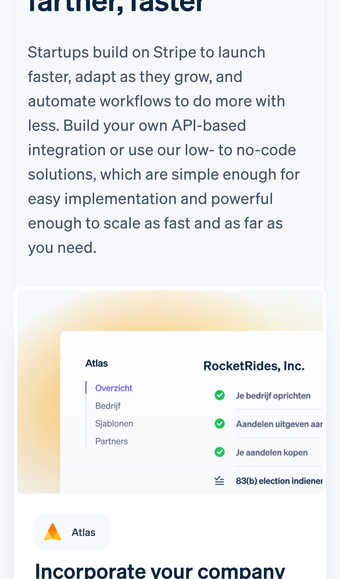 stripe landing interface, mobile light full screenshot