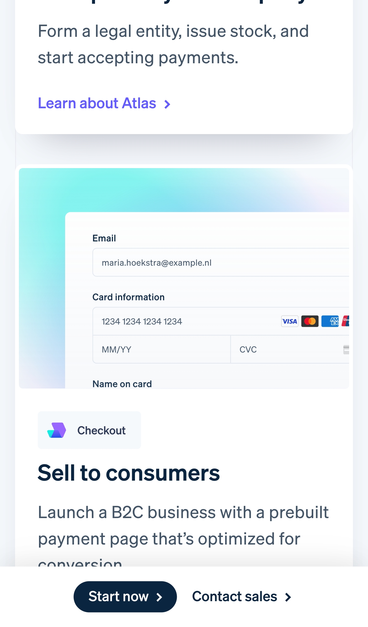 stripe landing interface, mobile light full screenshot