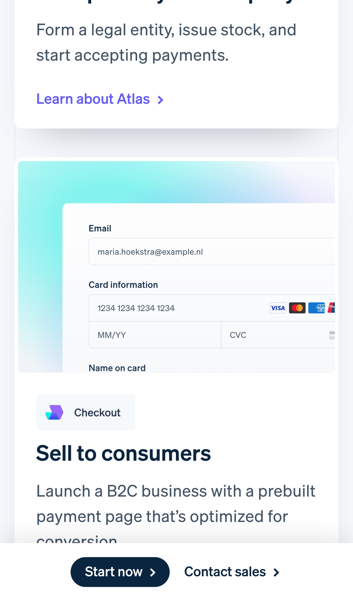 stripe landing interface, mobile light full screenshot