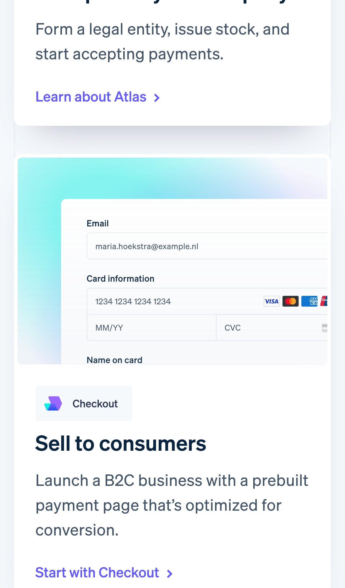 stripe landing interface, mobile light full screenshot