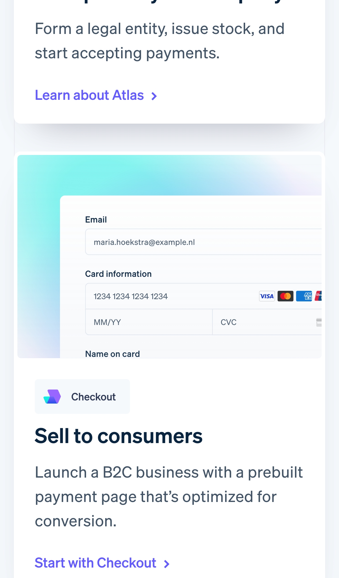 stripe landing interface, mobile light full screenshot