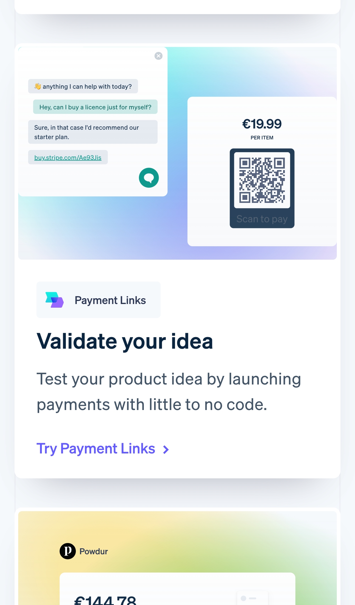 stripe landing interface, mobile light full screenshot