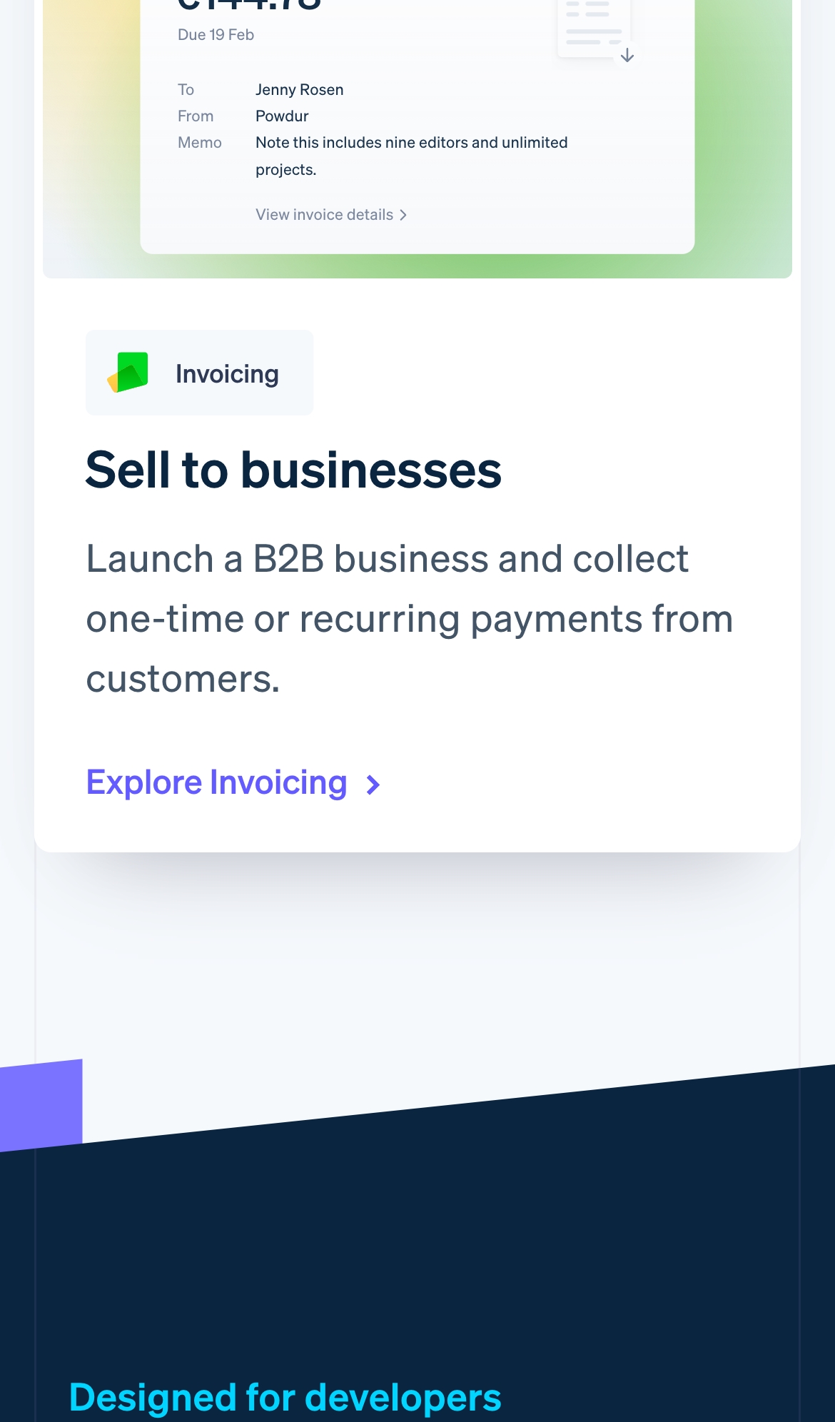 stripe landing interface, mobile light full screenshot