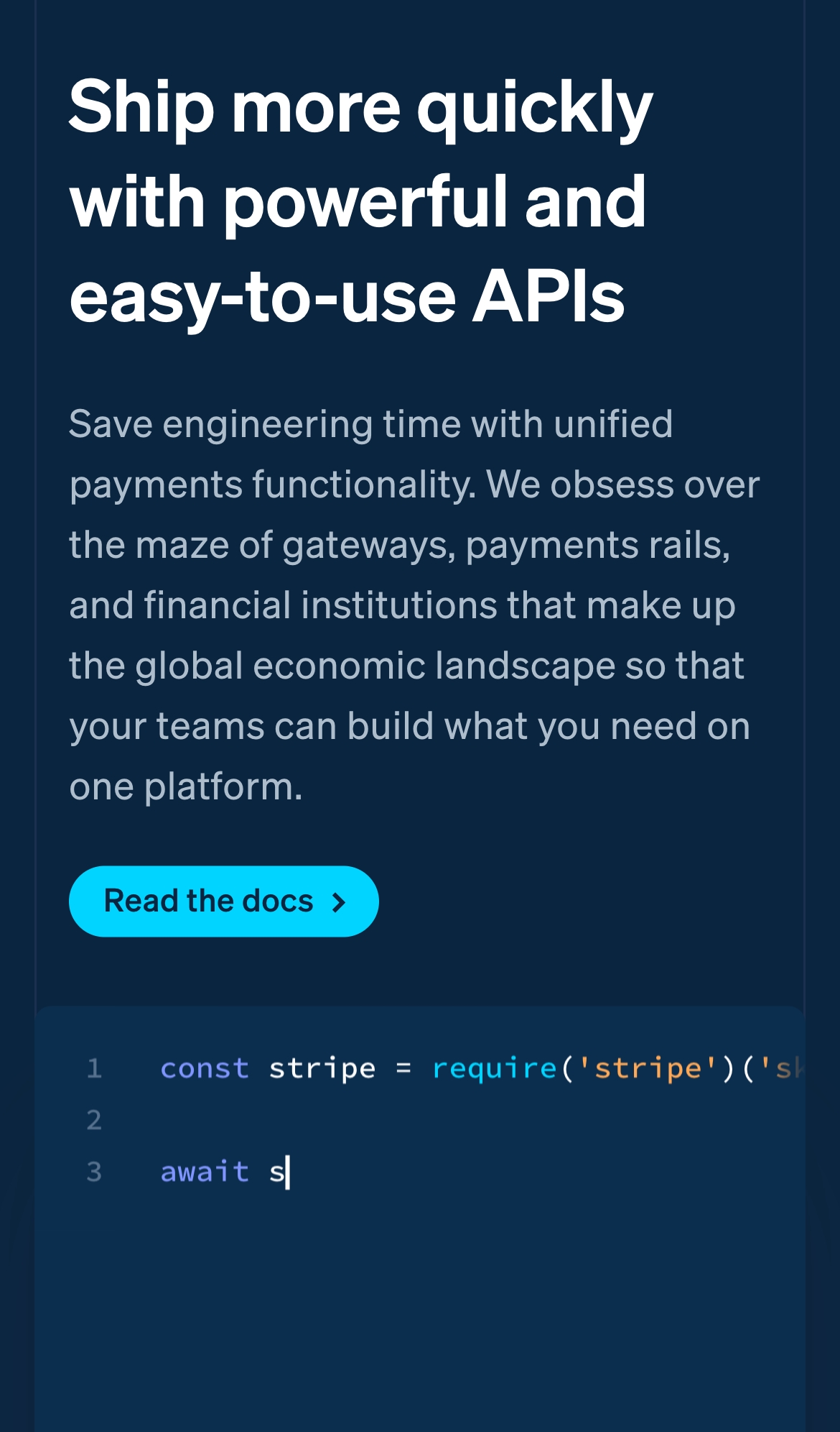 stripe landing interface, mobile light full screenshot
