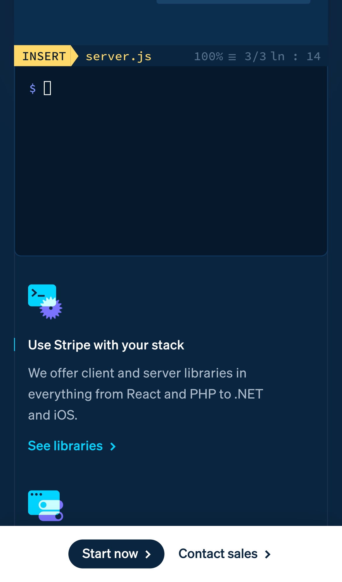 stripe landing interface, mobile light full screenshot