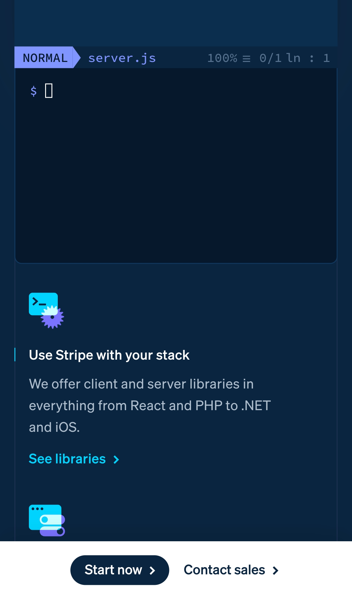 stripe landing interface, mobile light full screenshot