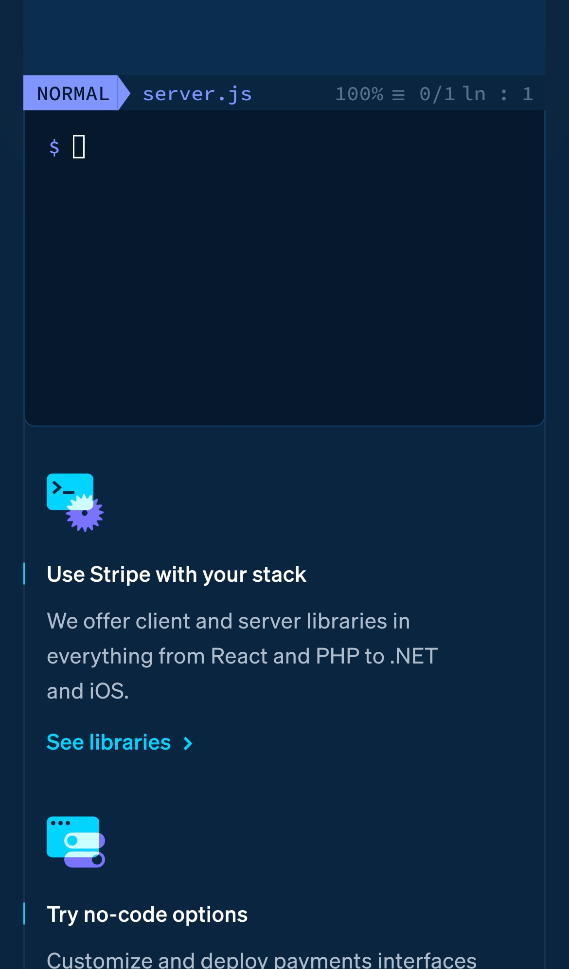 stripe landing interface, mobile light full screenshot