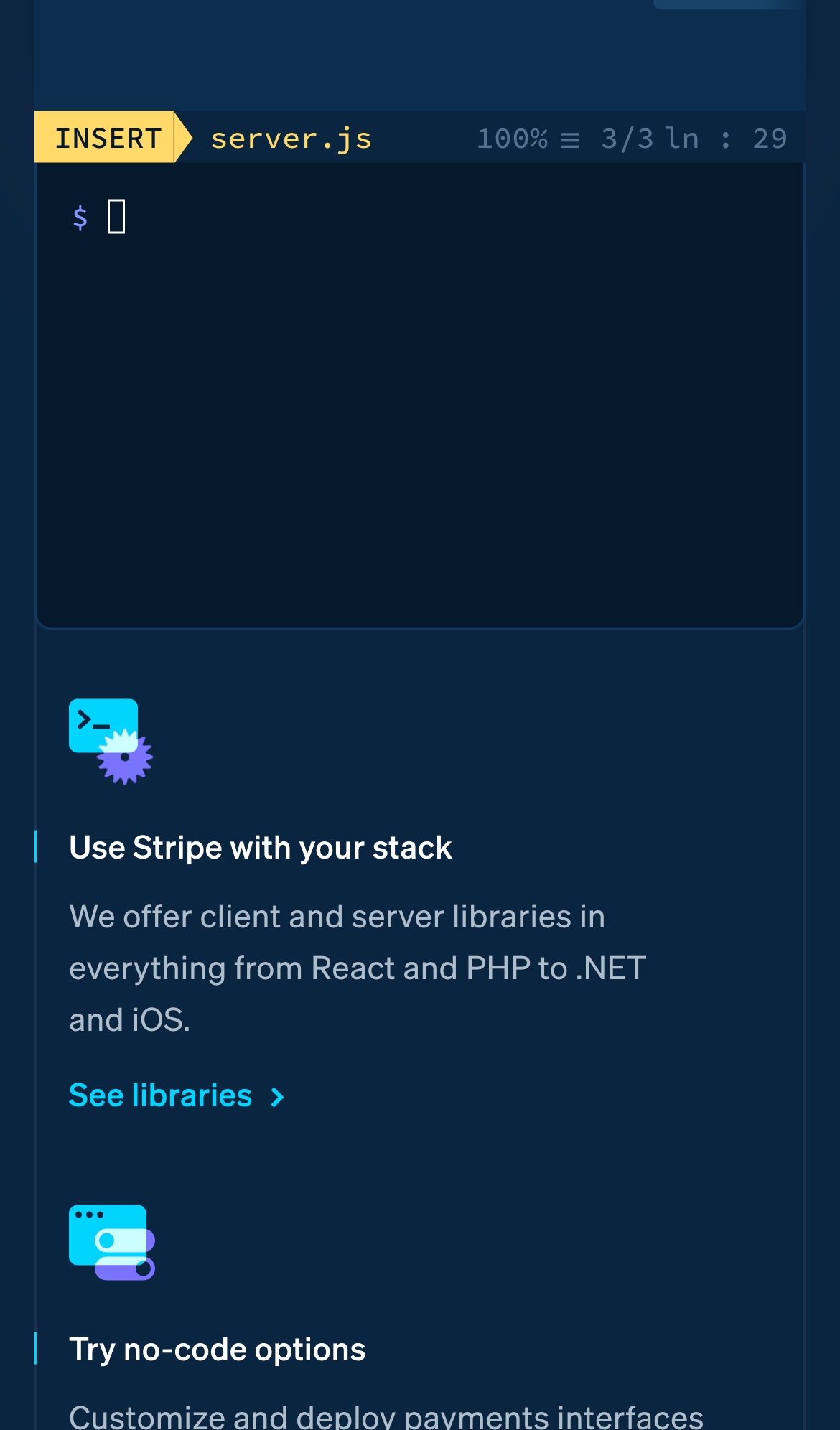 stripe landing interface, mobile light full screenshot