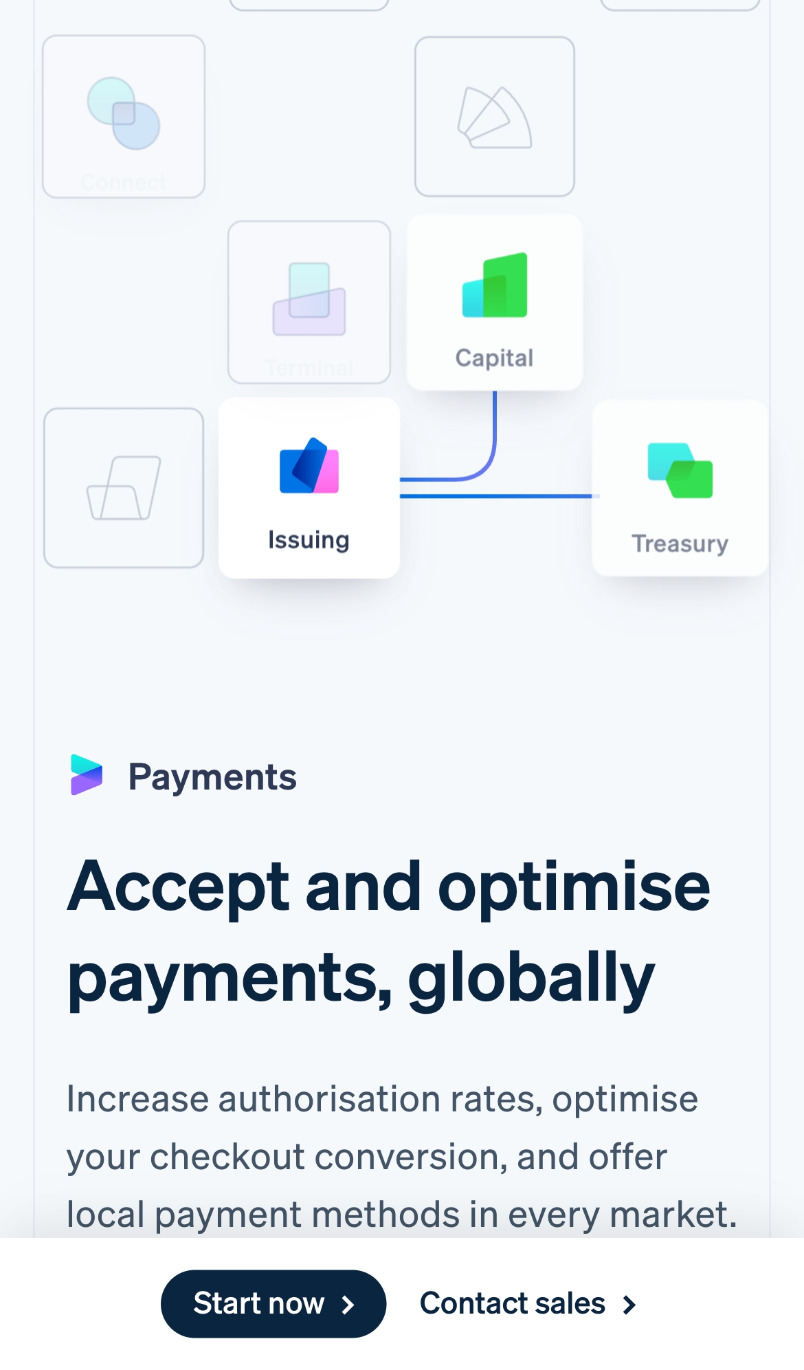 stripe landing interface, mobile light full screenshot