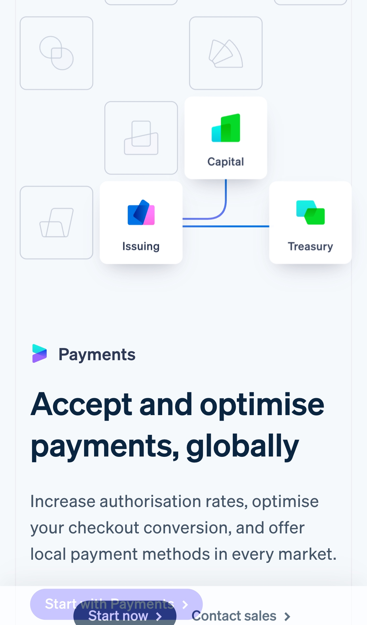 stripe landing interface, mobile light full screenshot
