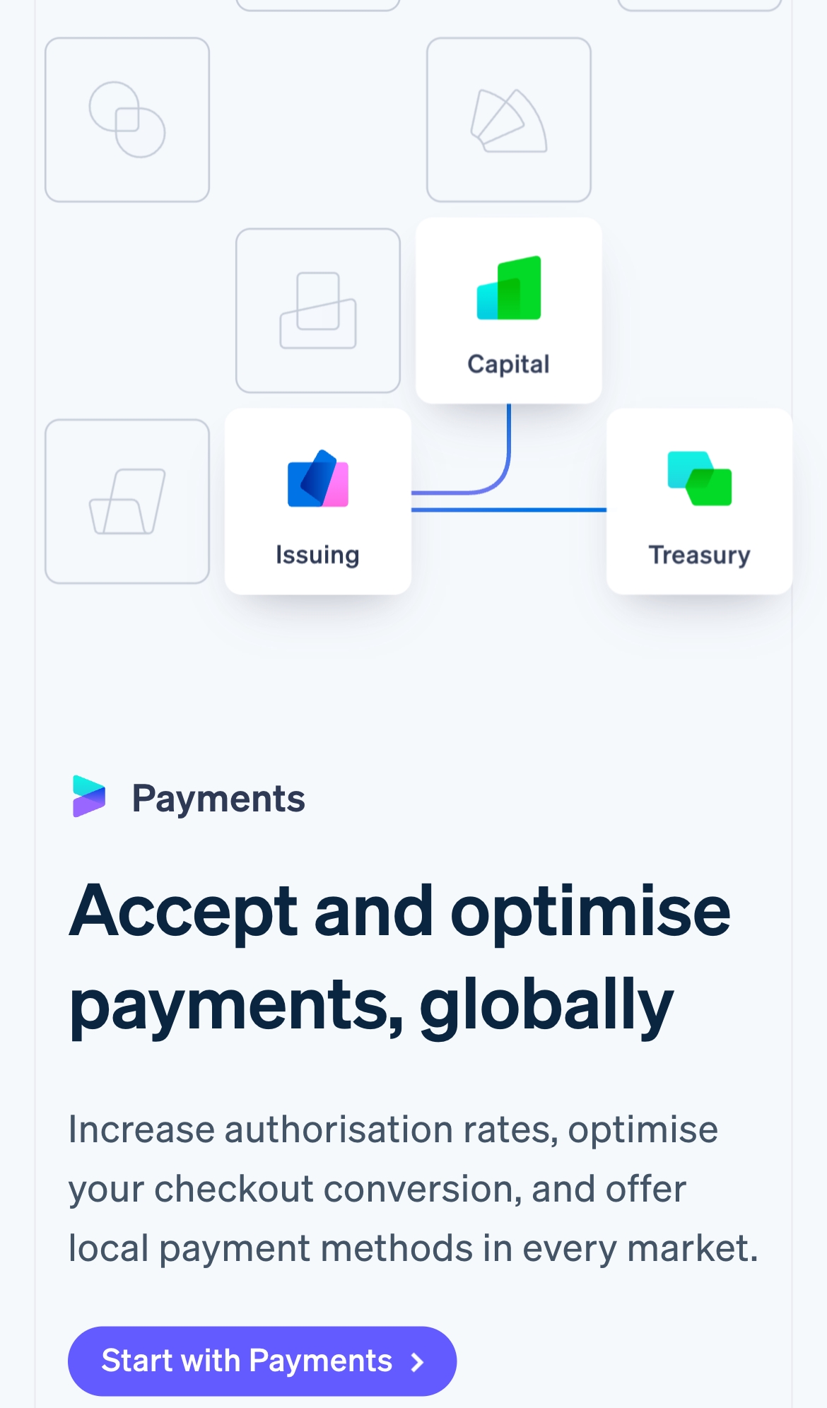 stripe landing interface, mobile light full screenshot