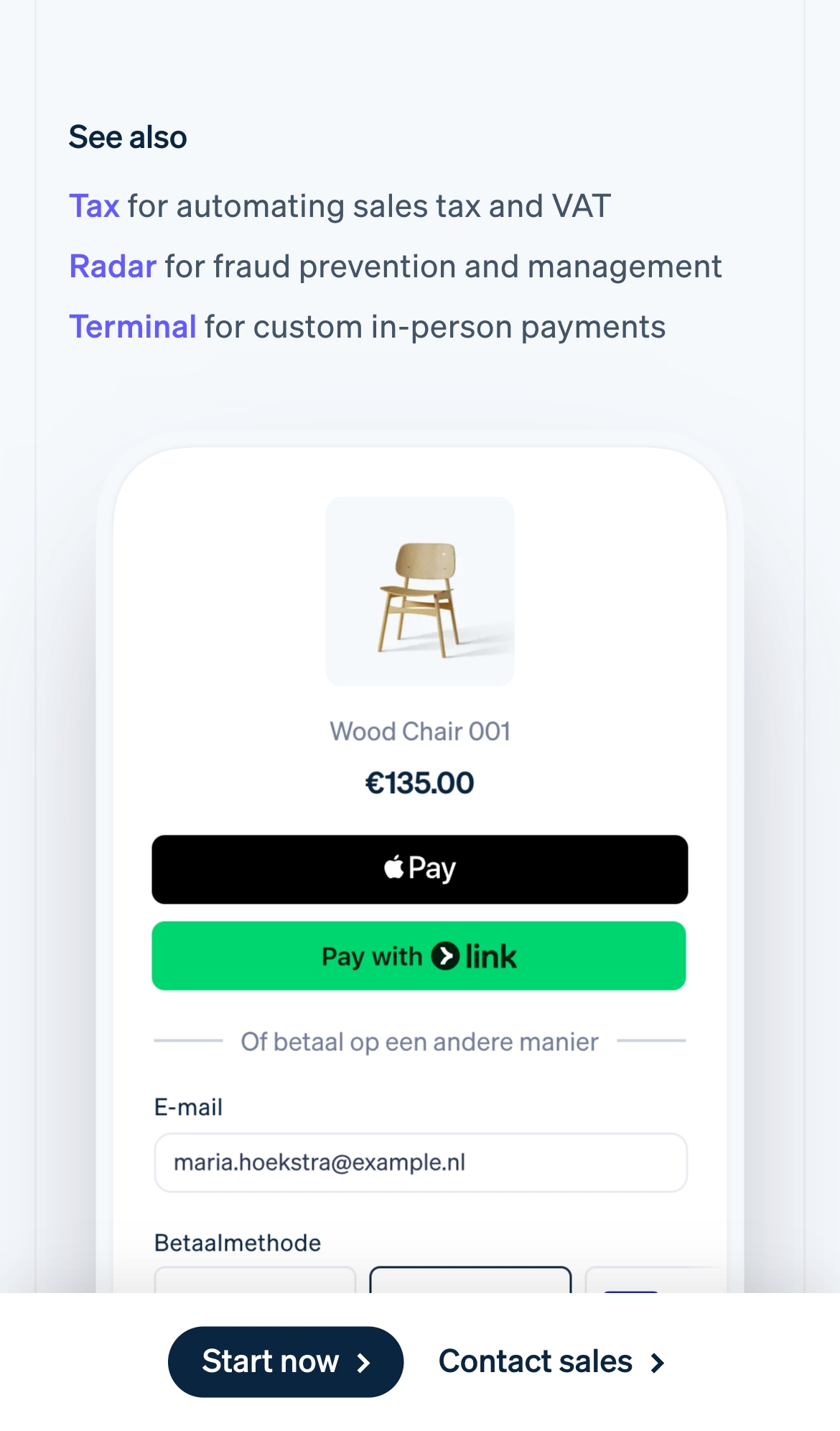 stripe landing interface, mobile light full screenshot