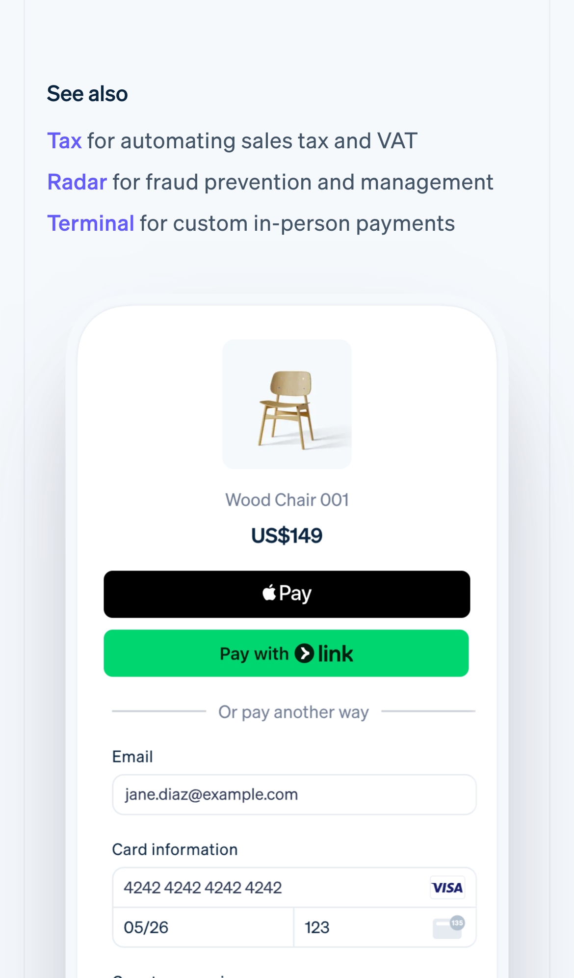 stripe landing interface, mobile light full screenshot