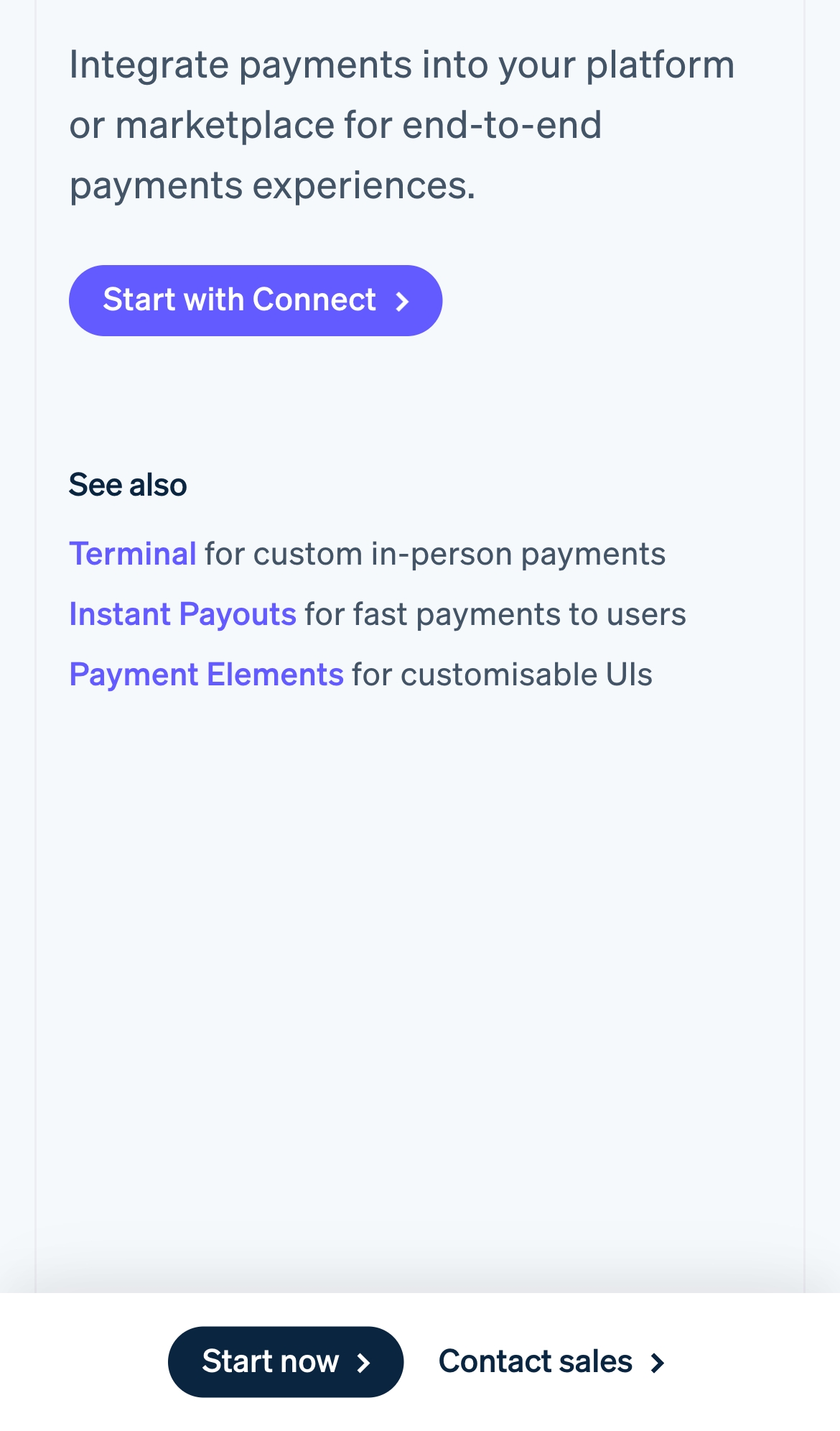 stripe landing interface, mobile light full screenshot