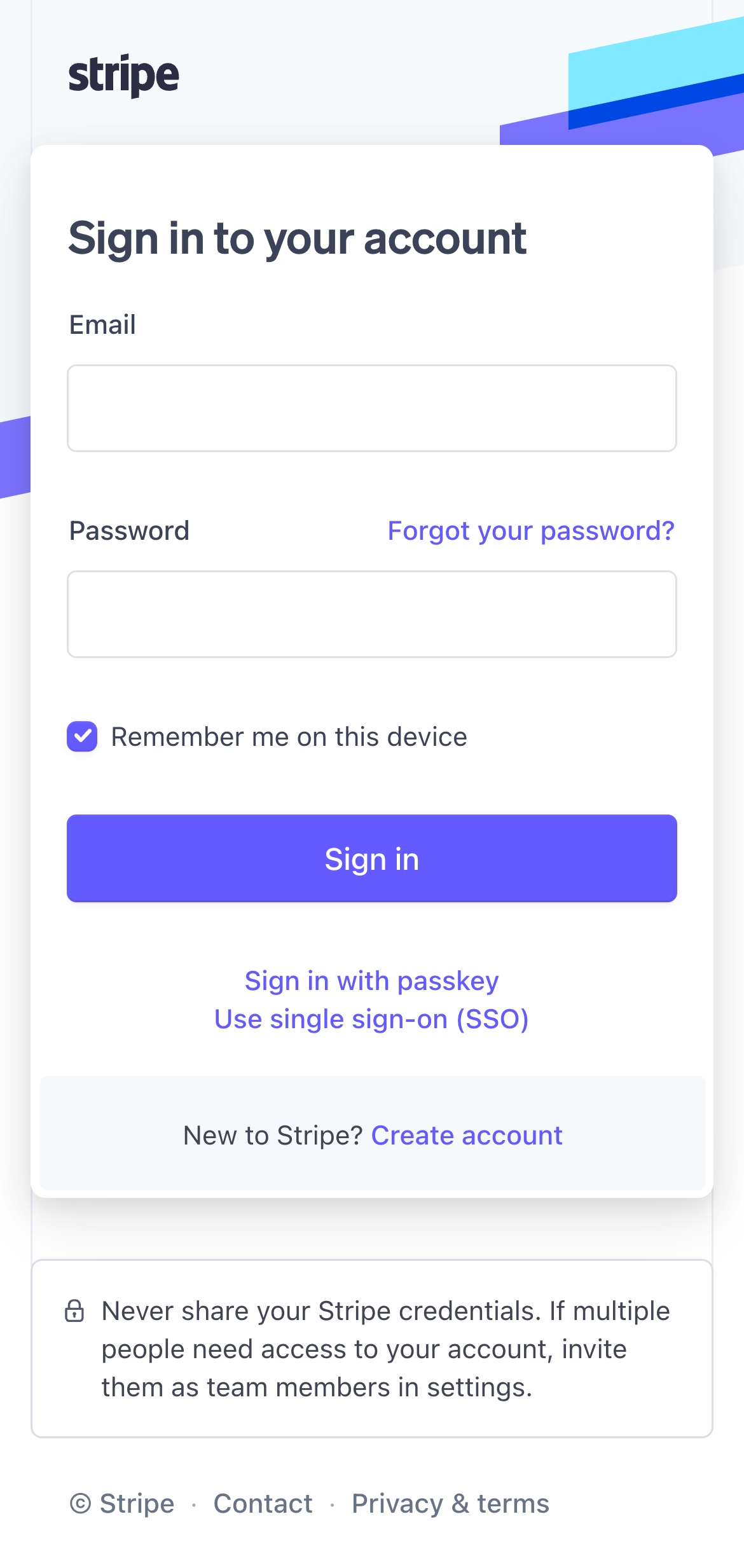 stripe login interface, mobile light full screenshot