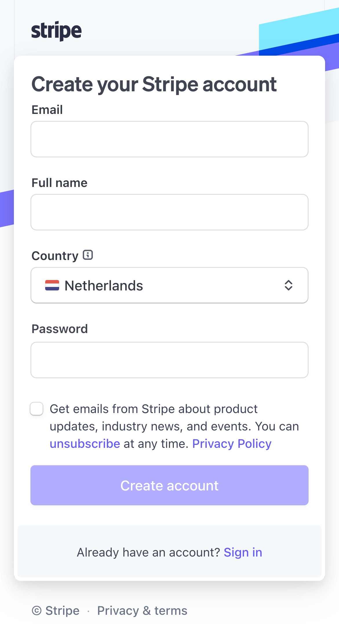 stripe signup interface, mobile light full screenshot