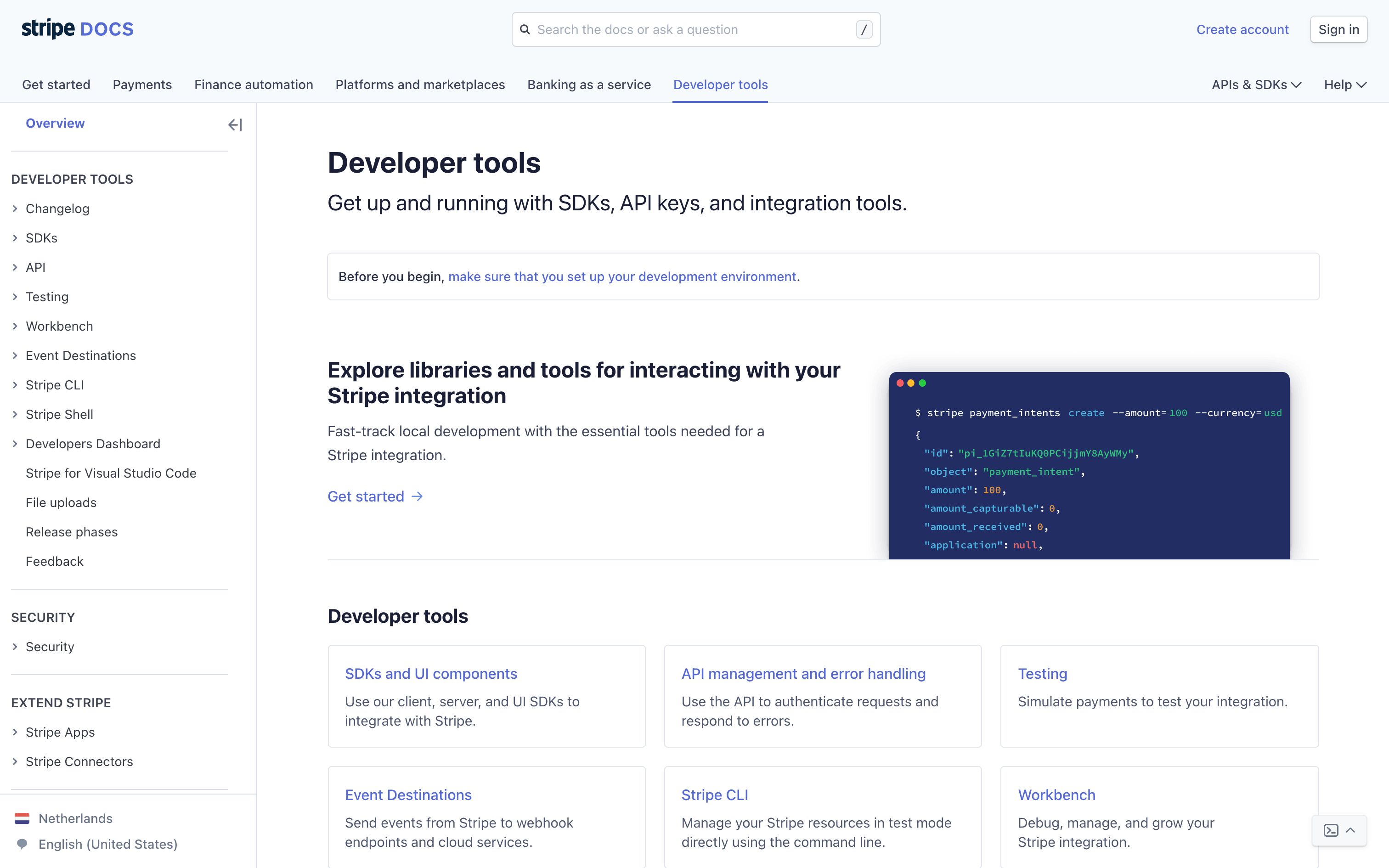 stripe@docs developer tools interface, desktop light fold screenshot