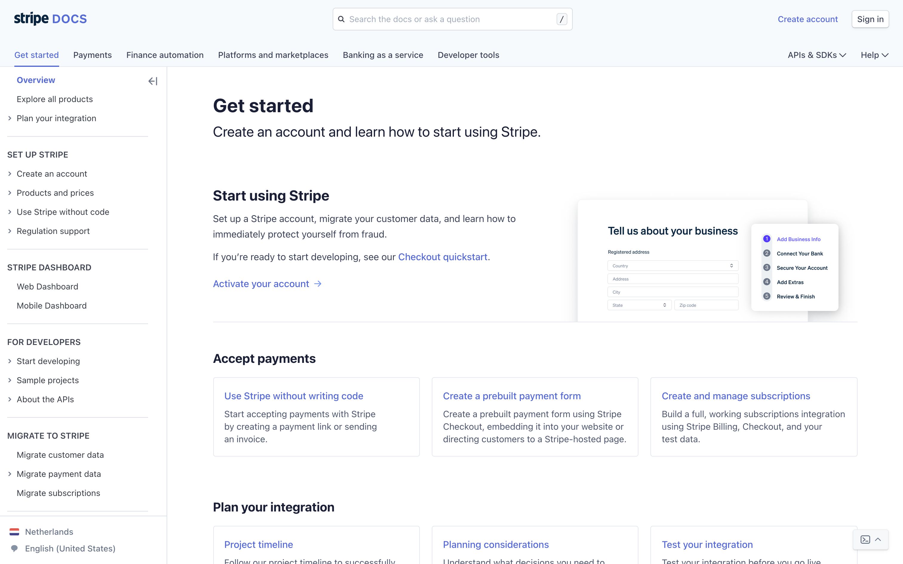 stripe@docs get started interface, desktop light fold screenshot