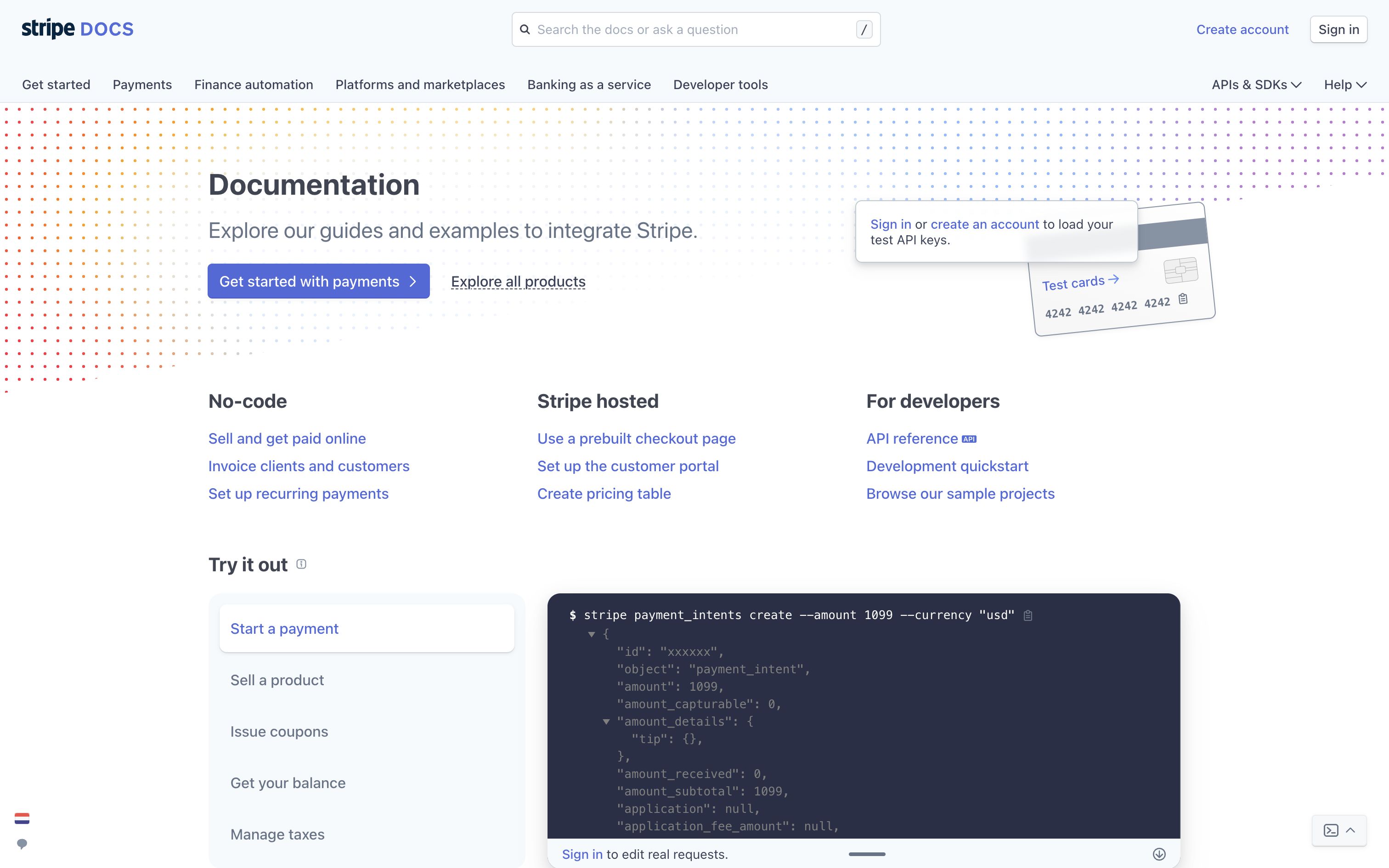 stripe@docs landing interface, desktop light fold screenshot