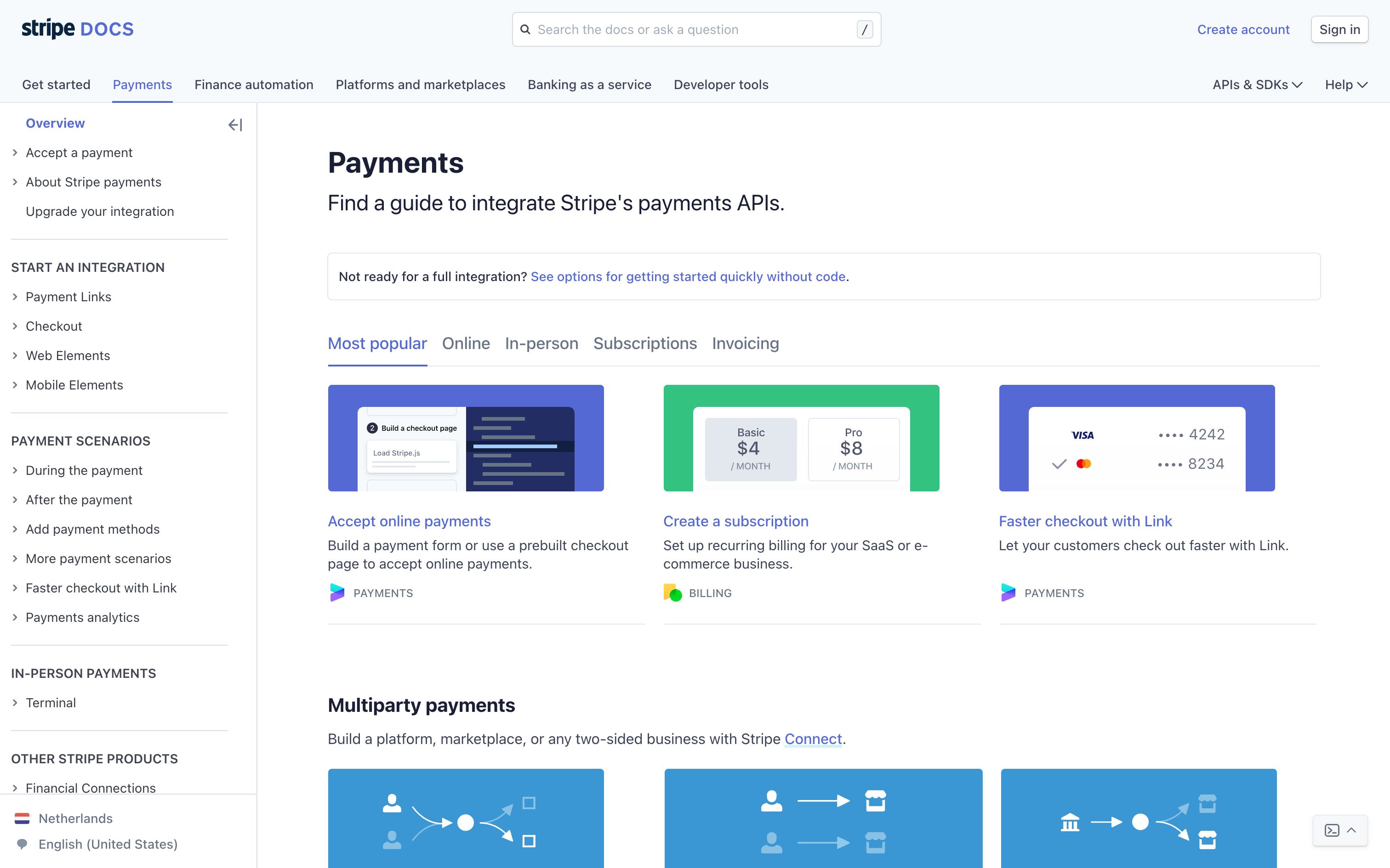 stripe@docs payments interface, desktop light fold screenshot