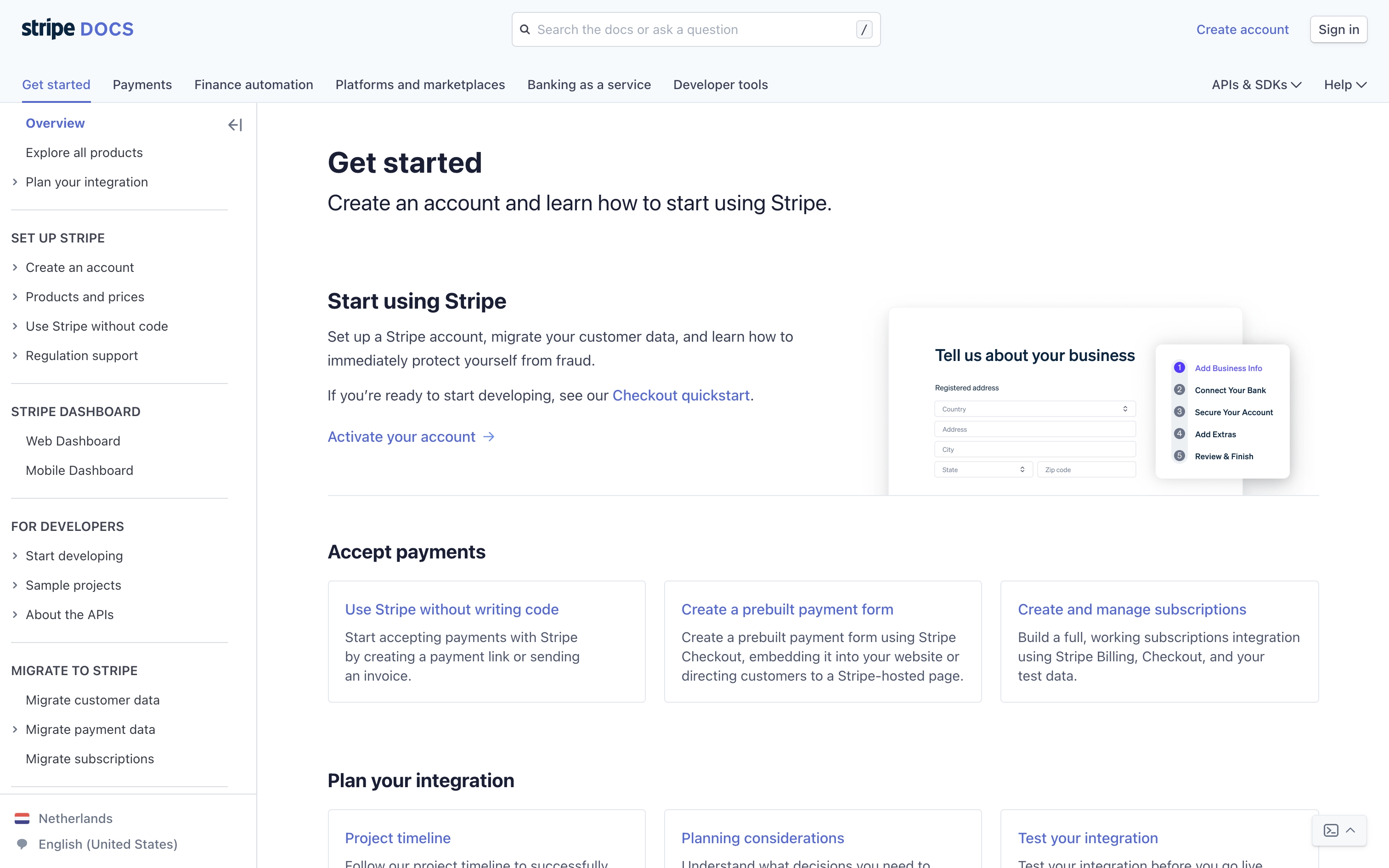 stripe@docs get started interface, desktop light full screenshot