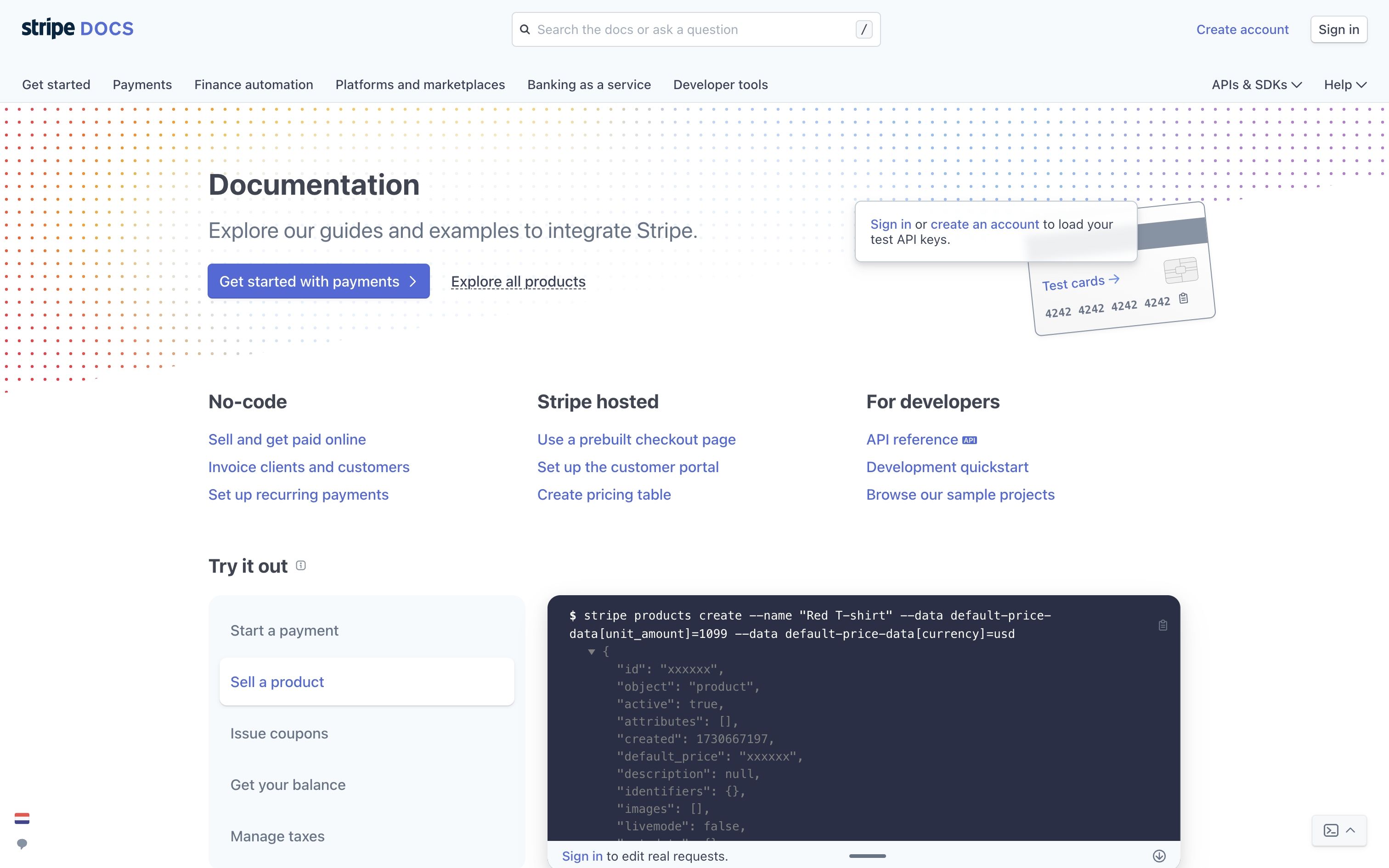 stripe@docs landing interface, desktop light full screenshot