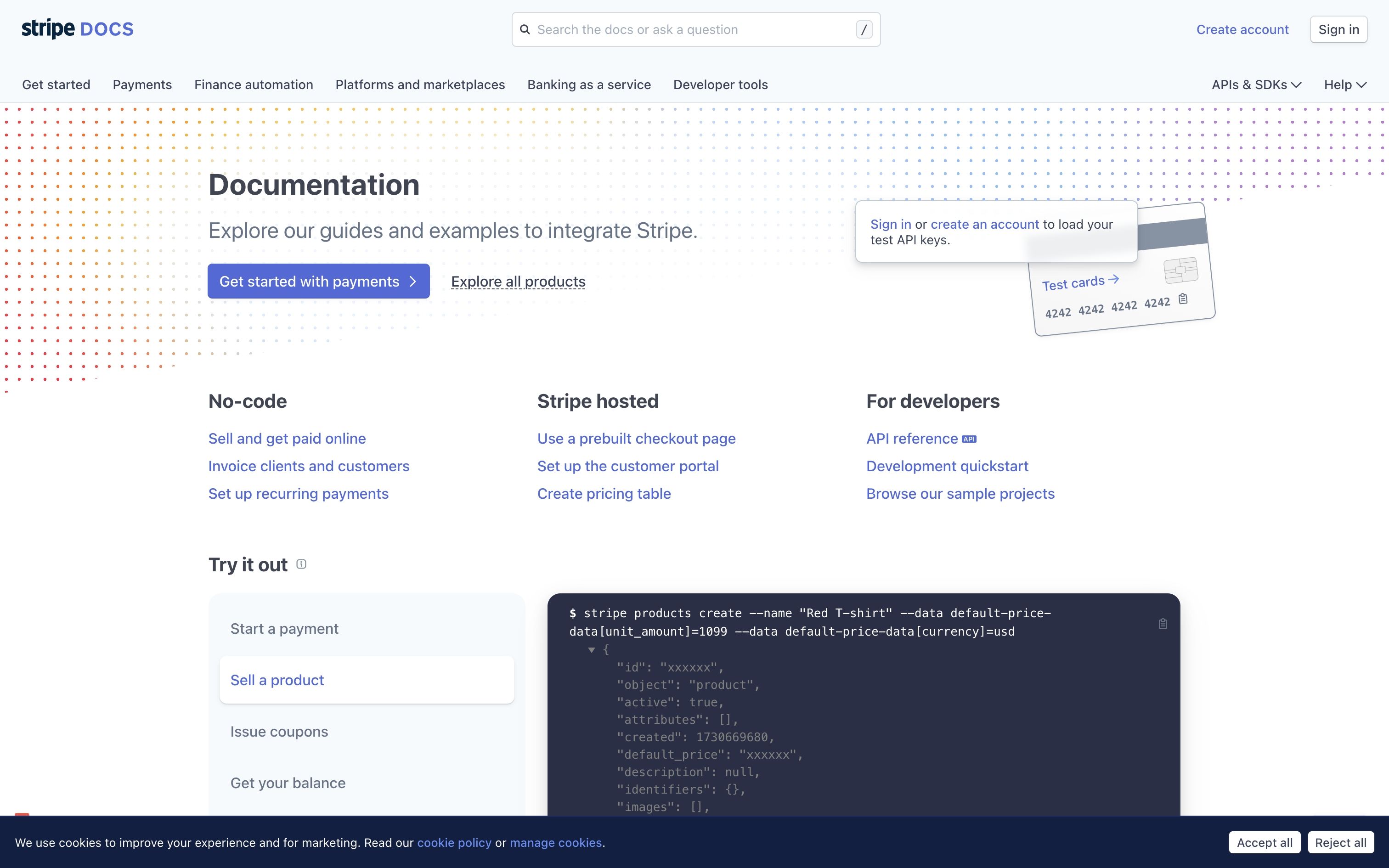 stripe@docs landing interface, desktop light full screenshot