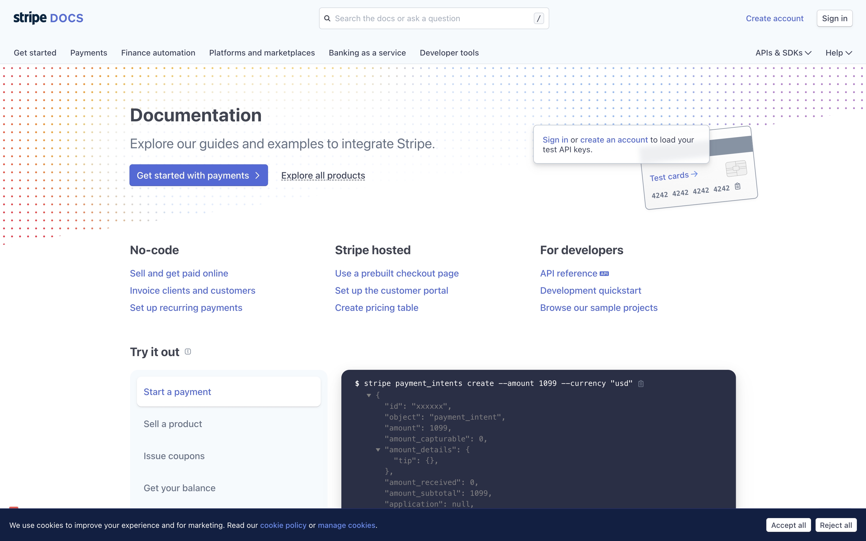 stripe@docs landing interface, desktop light full screenshot