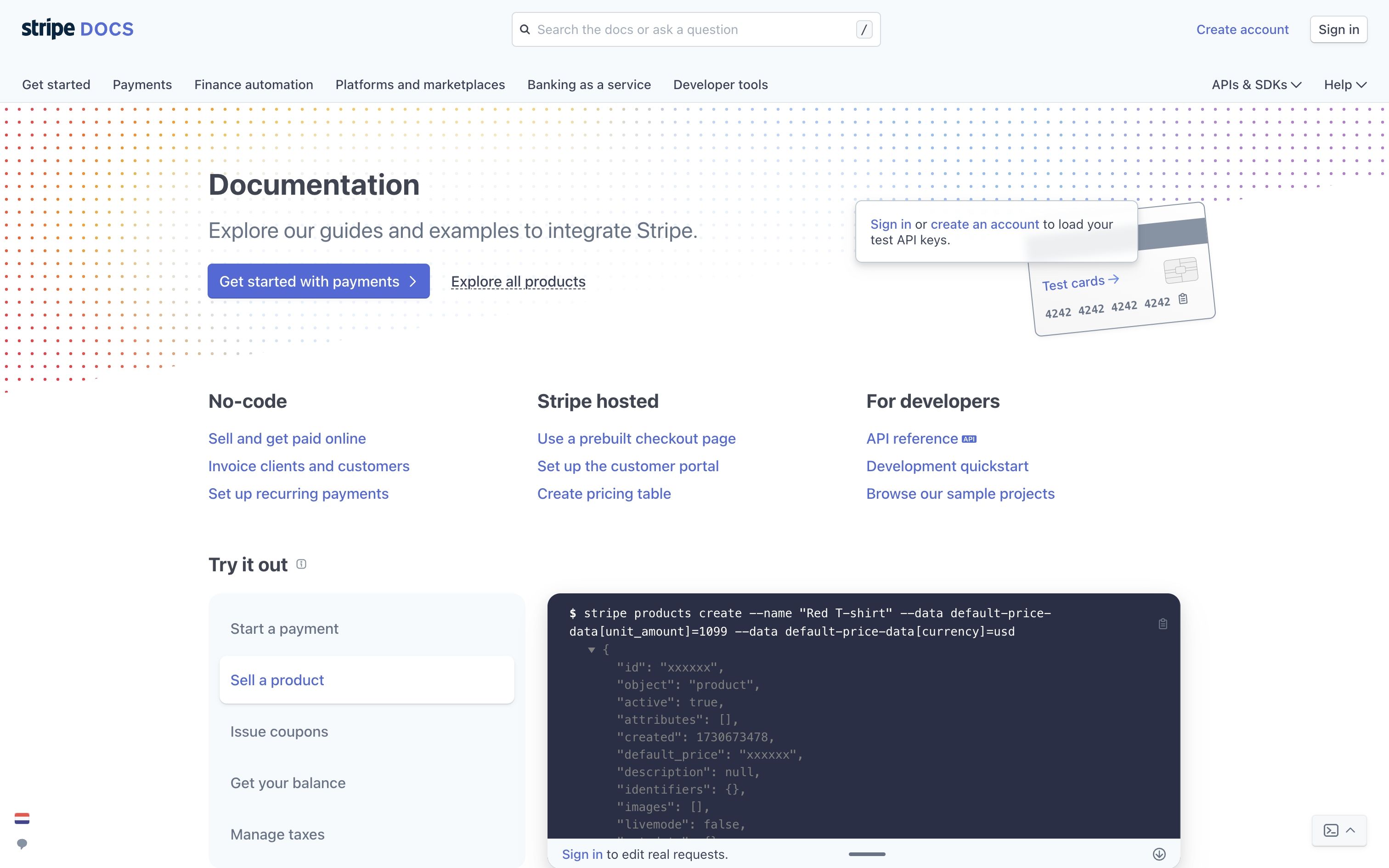 stripe@docs landing interface, desktop light full screenshot