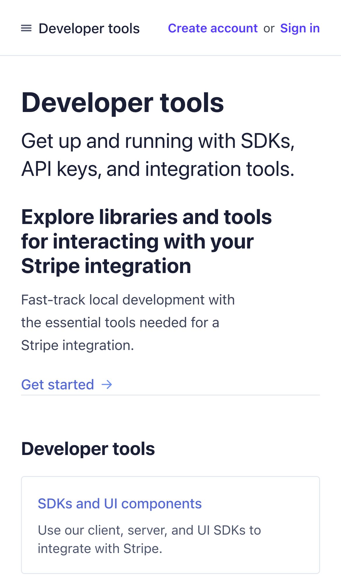 stripe@docs developer tools interface, mobile light fold screenshot