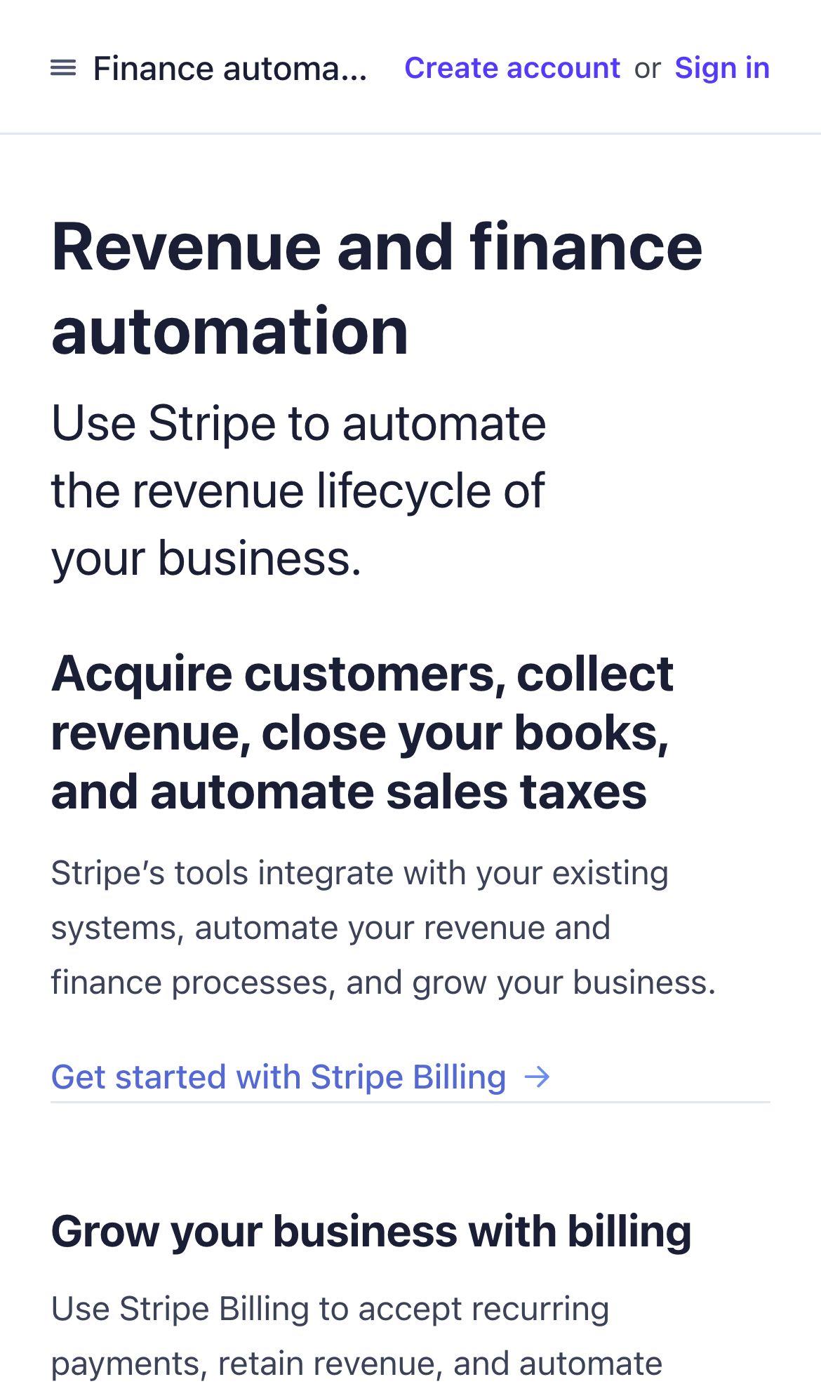 stripe@docs finance automation interface, mobile light fold screenshot