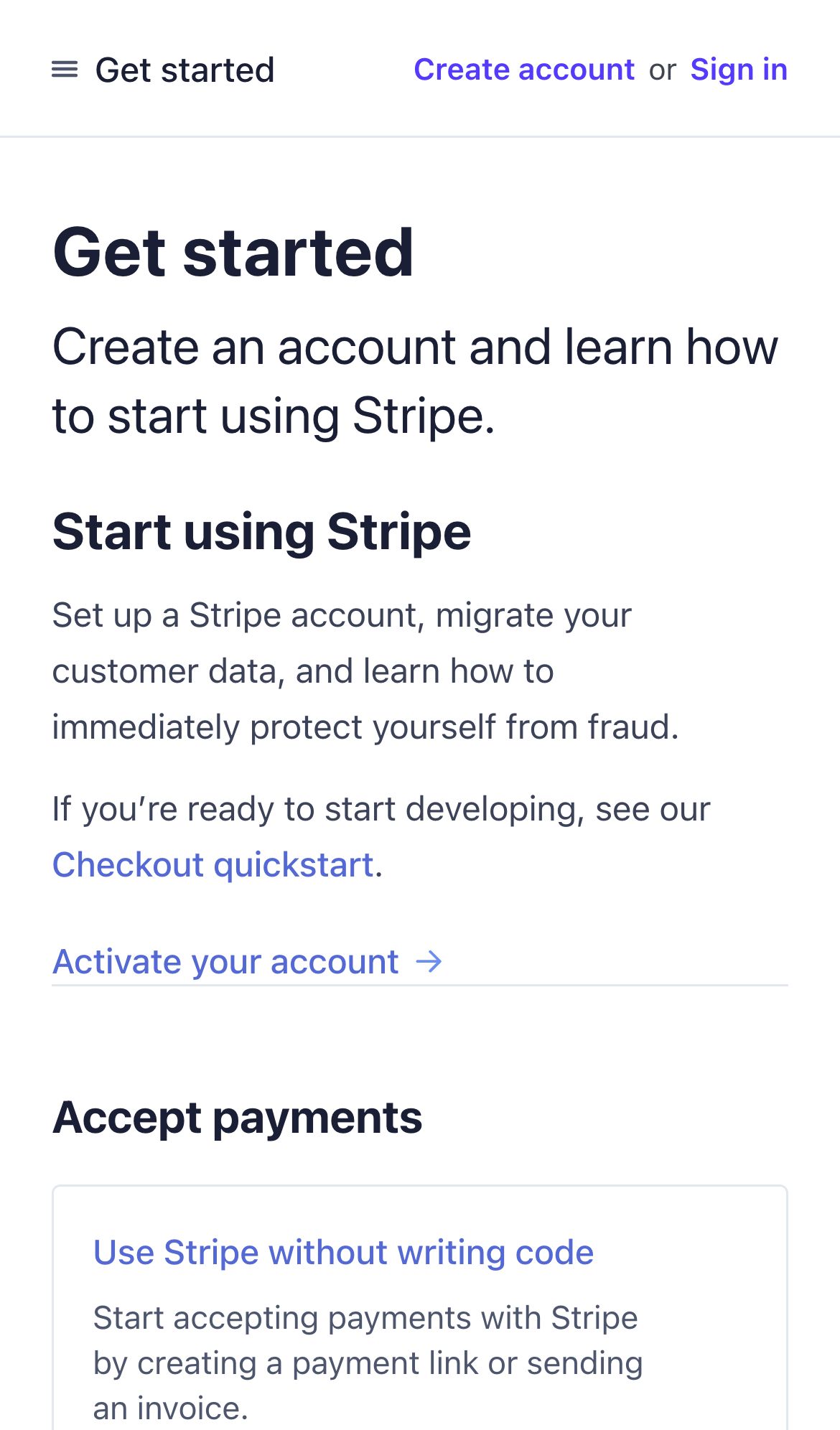 stripe@docs get started interface, mobile light fold screenshot