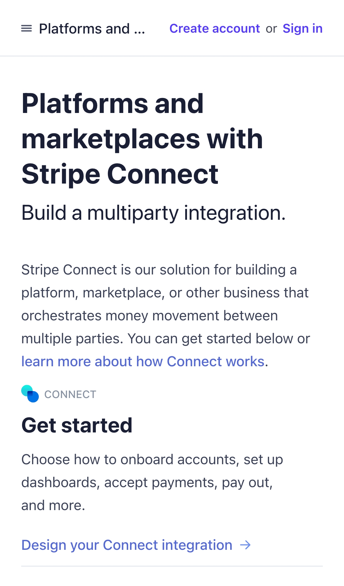 stripe@docs connect interface, mobile light full screenshot