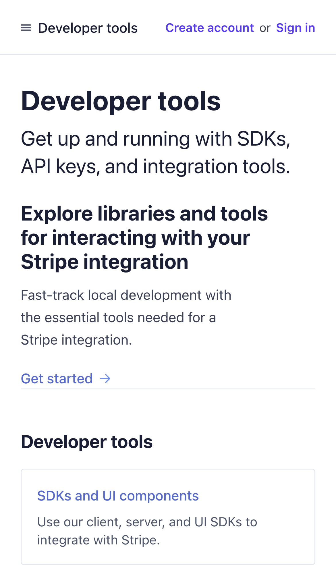 stripe@docs developer tools interface, mobile light full screenshot