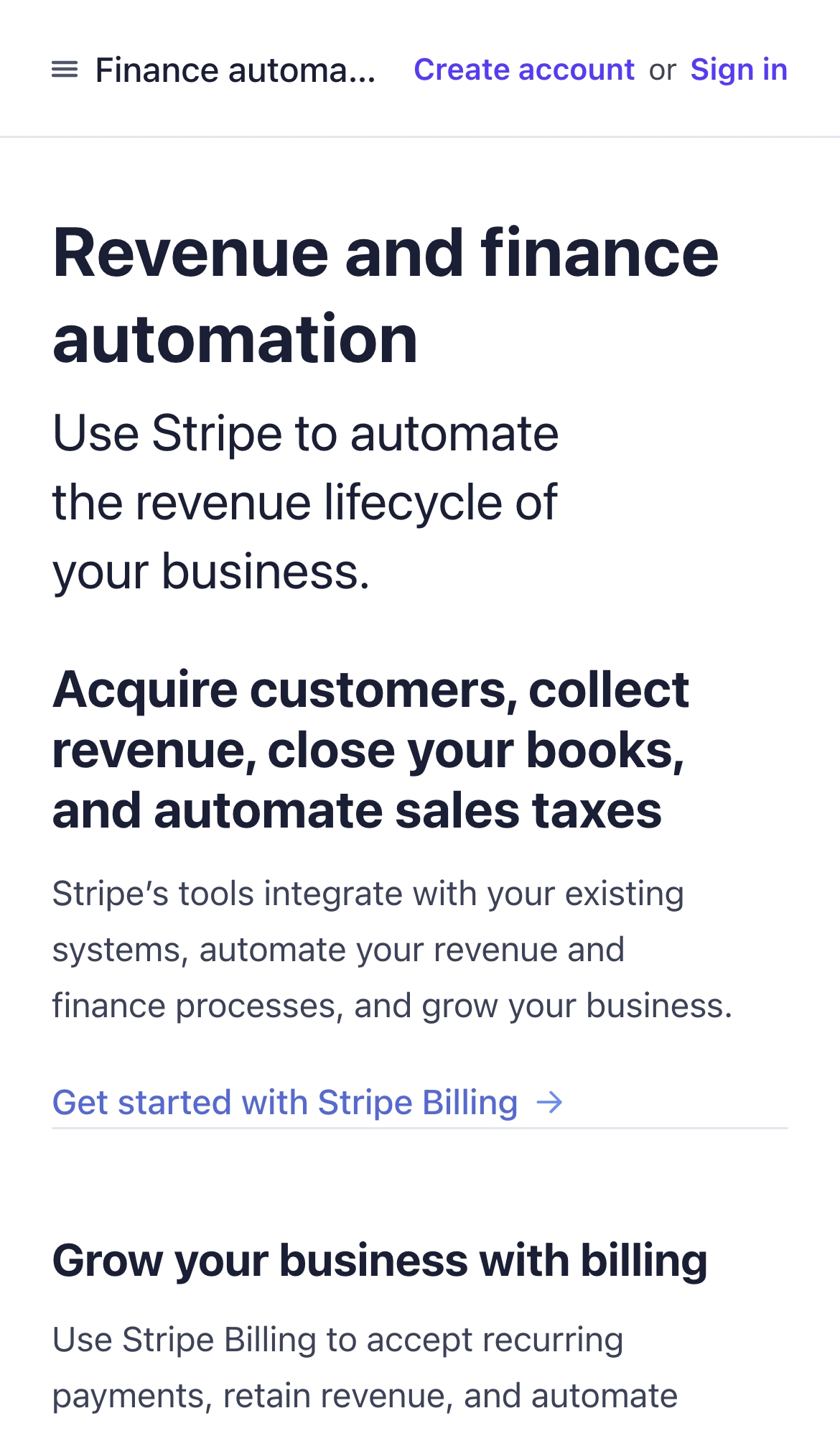 stripe@docs finance automation interface, mobile light full screenshot