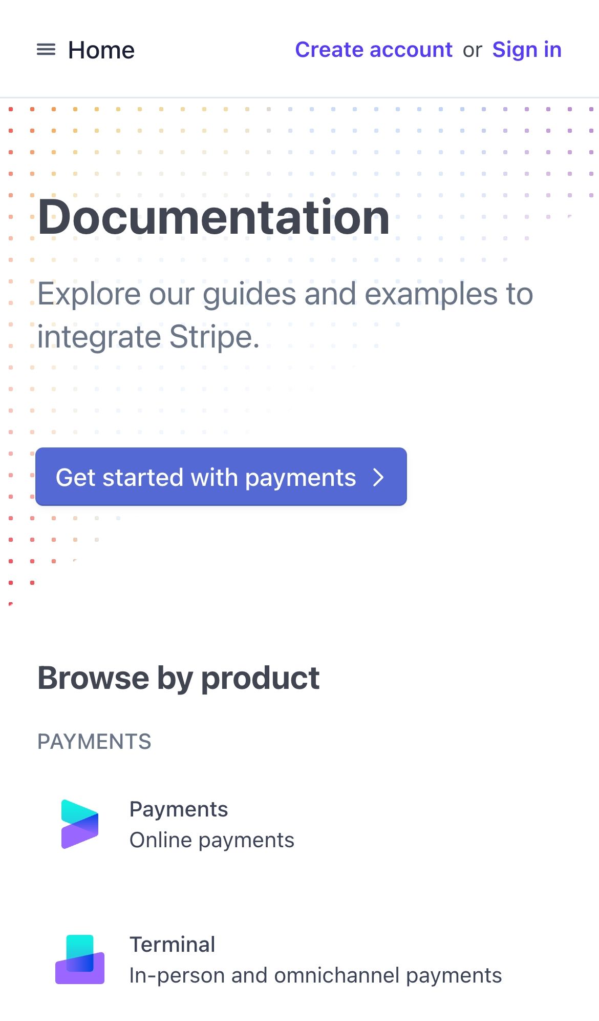 stripe@docs landing interface, mobile light full screenshot